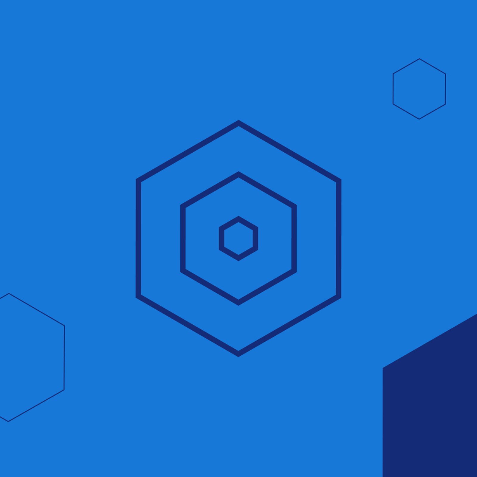 Synexus Solutions service header: a navy line icon of nested hexagons on bright blue