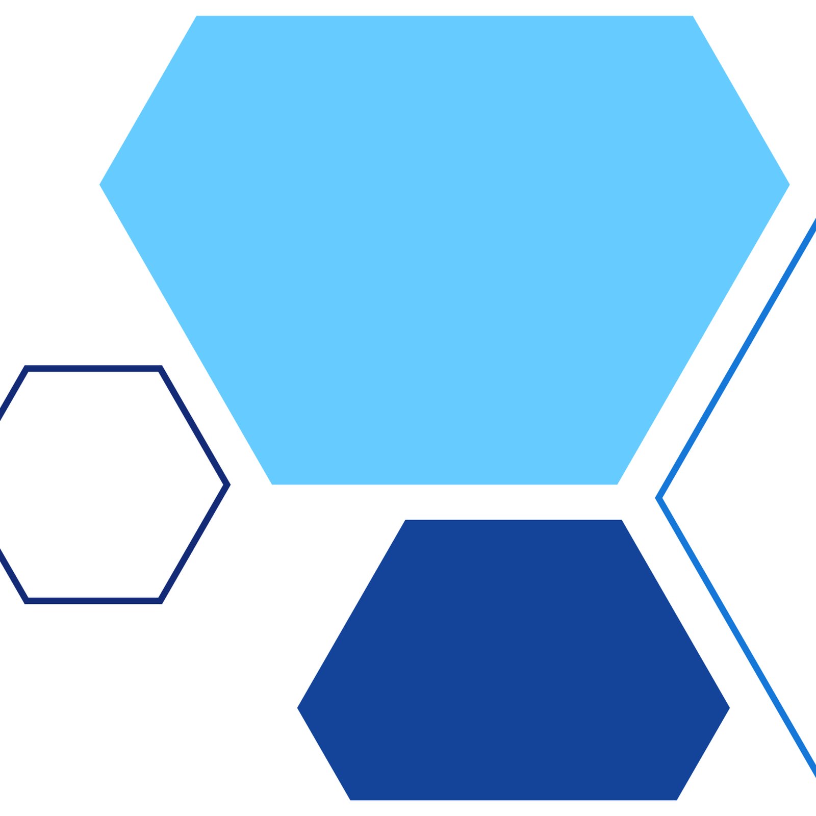 Synexus graphic assets: solid light blue and navy hexagons with thin outlined hexagons on white
