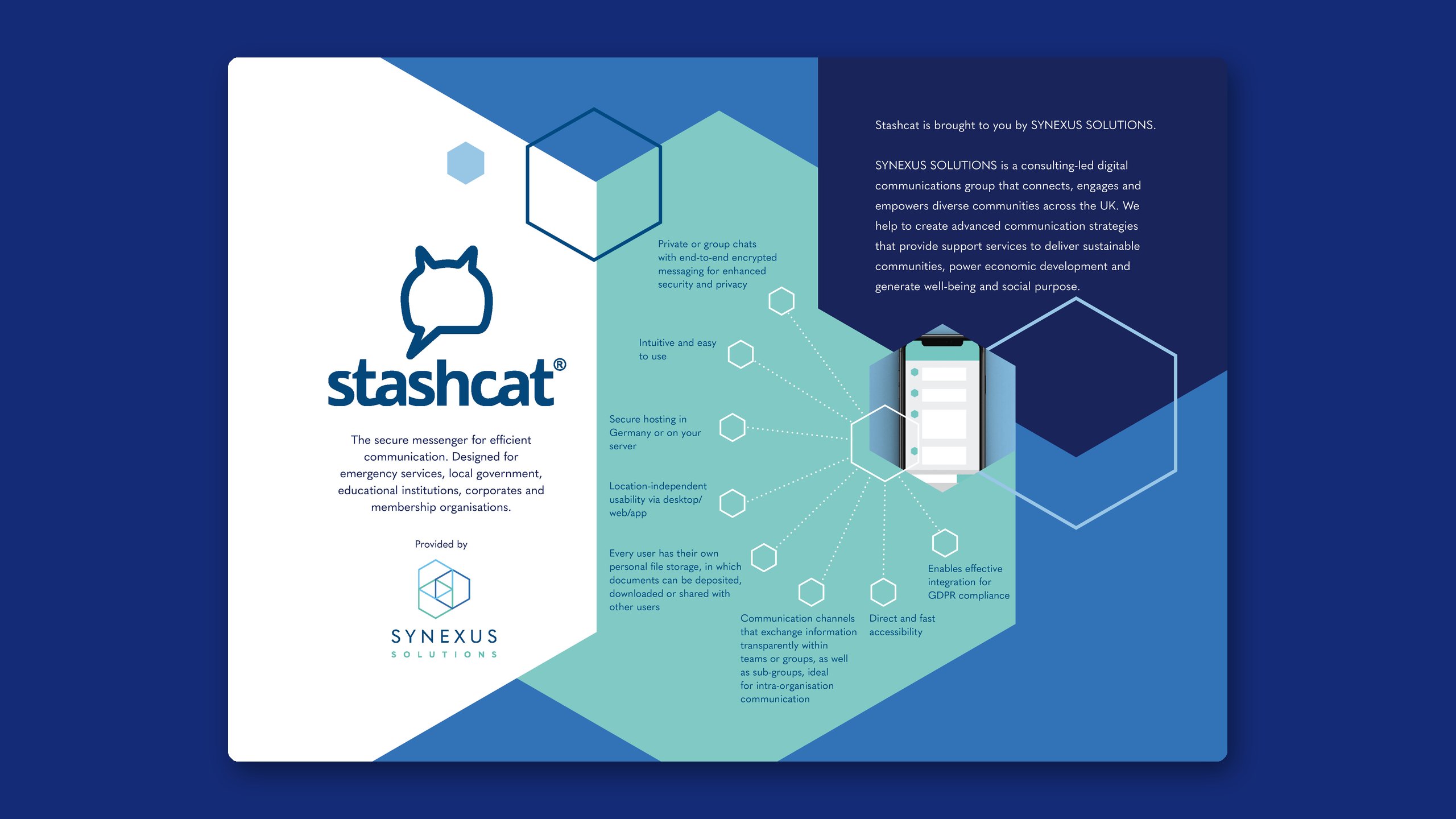 Stashcat A5 flyer provided by Synexus Solutions, with the Stashcat cat logo on white and a turquoise hexagon of features such as encrypted group chats and secure hosting radiating from a phone