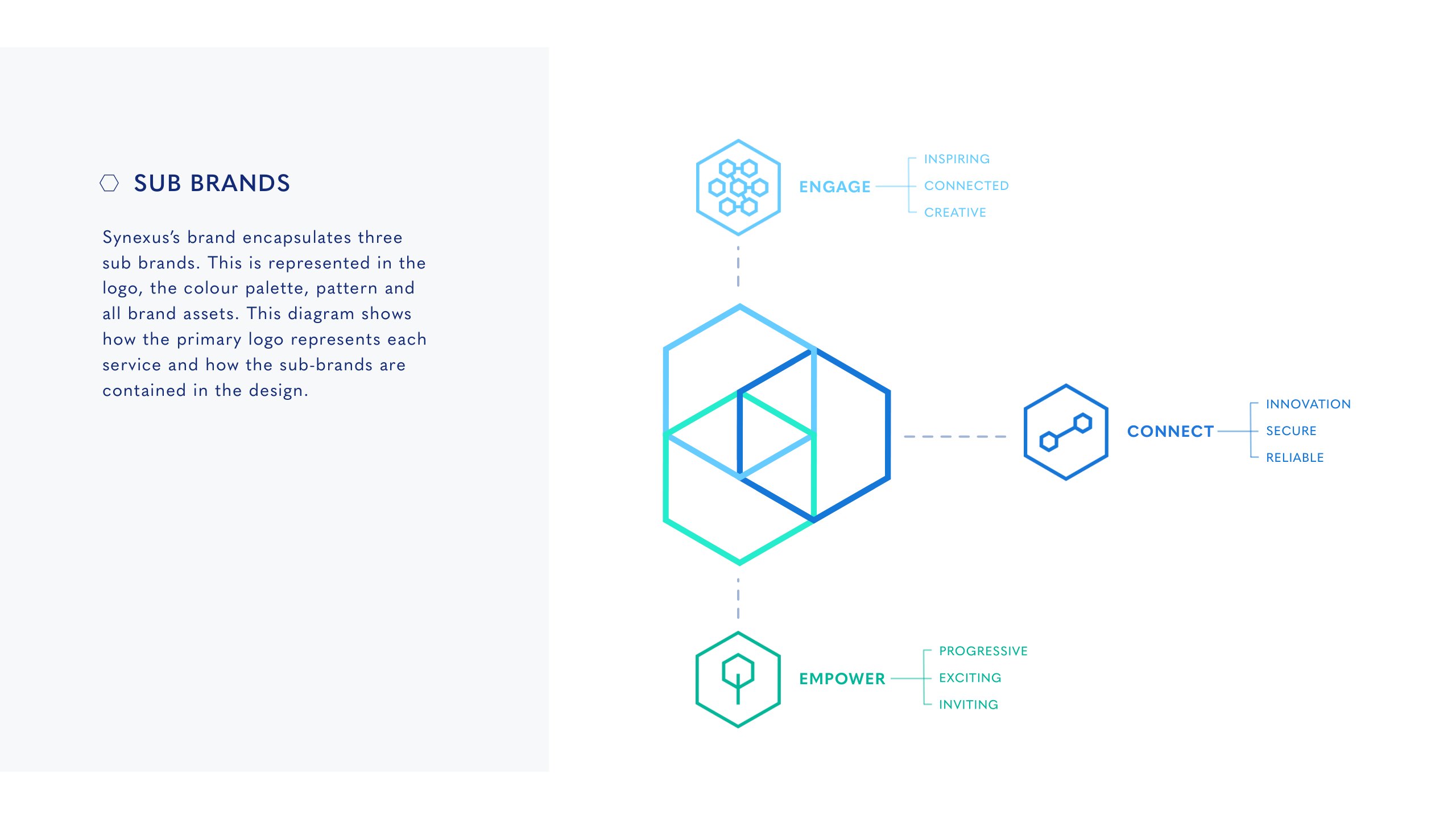 Page from the 2020 Synexus brand guidelines showing the hexagon logo linked to three sub-brand icons: Engage in light blue, Connect in mid blue and Empower in green