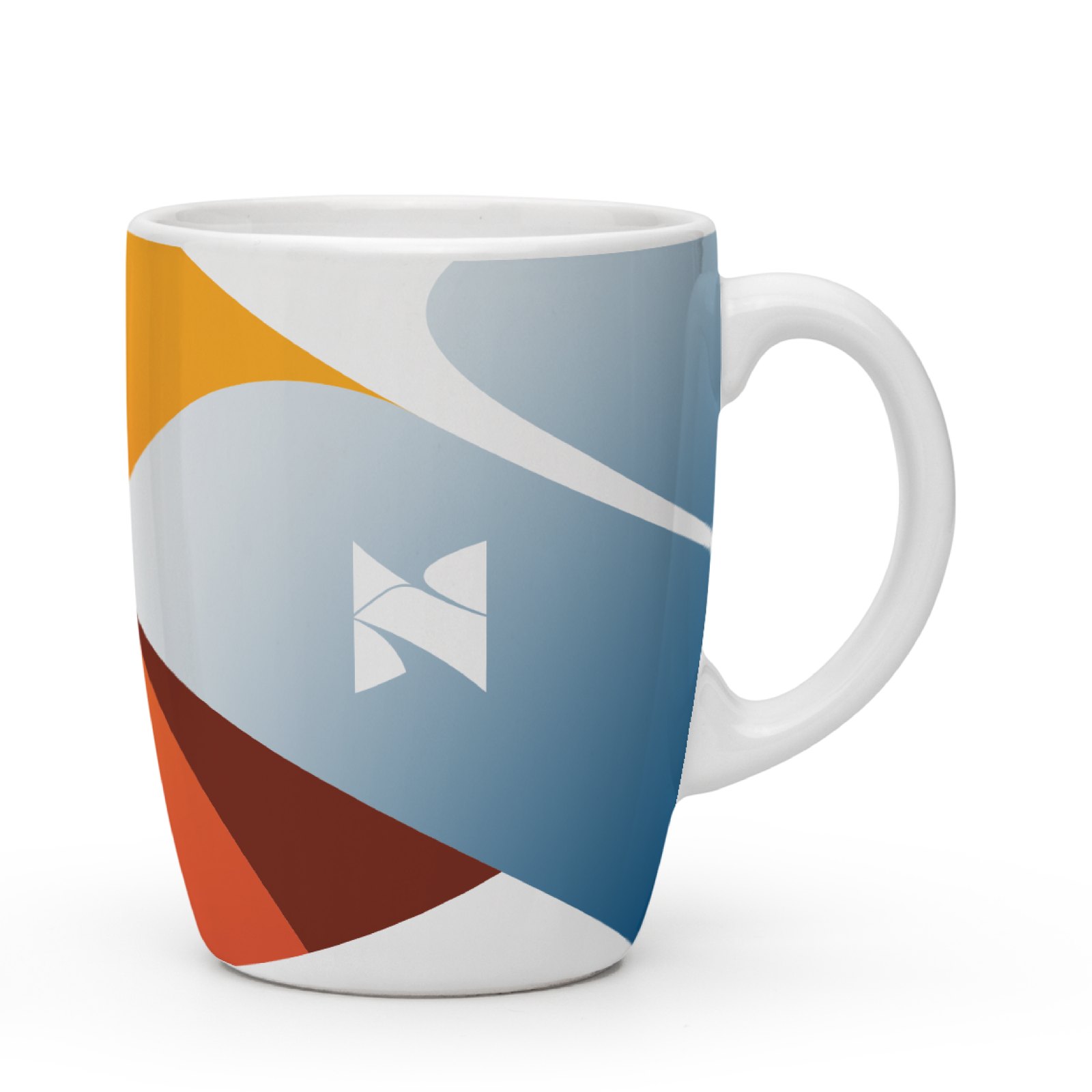 A white HSSMI mug wrapped in the identity’s orange, rust and blue curves, with the folded symbol in white