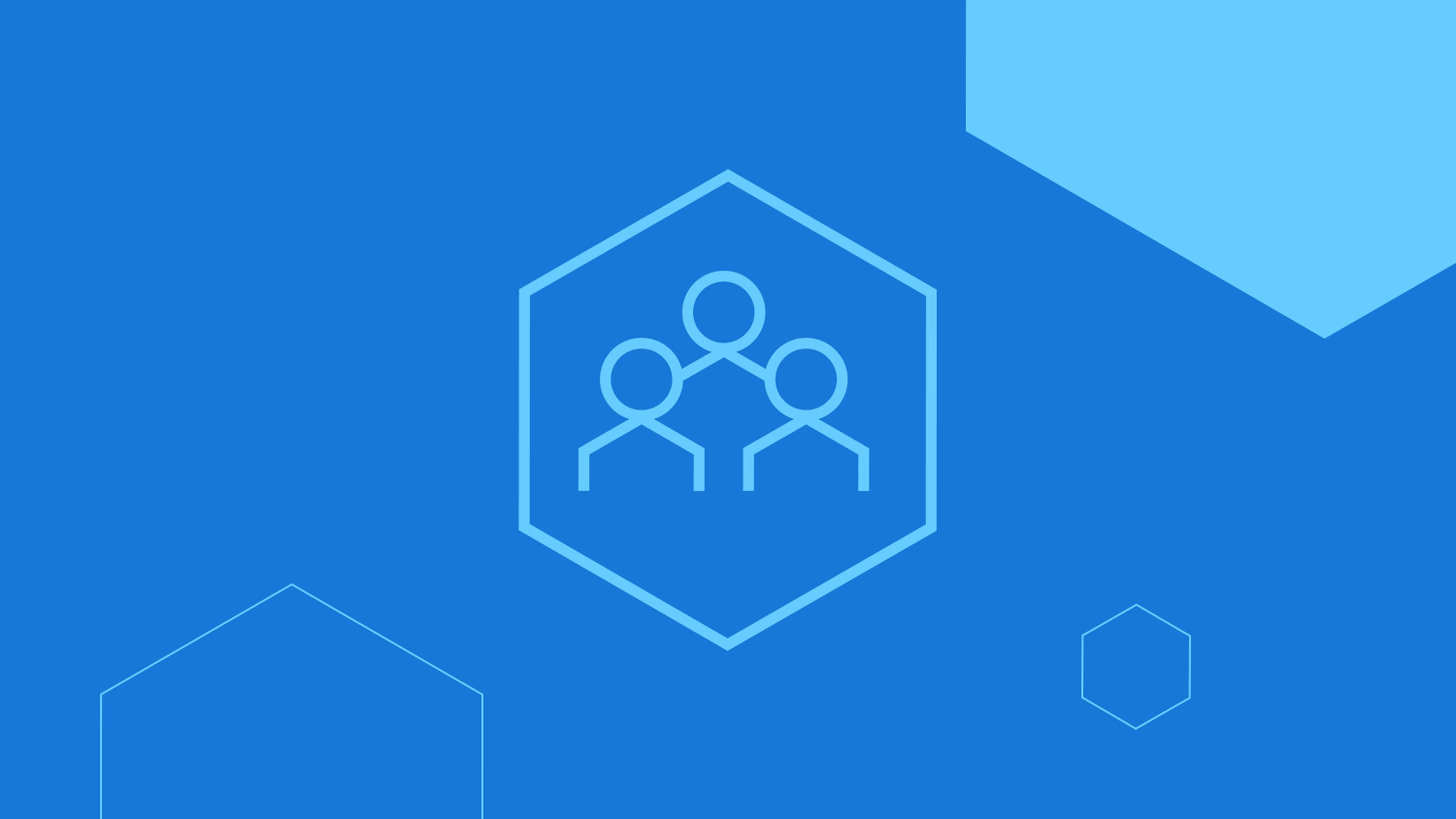 Synexus Community website header: a line icon of three linked people inside a hexagon on bright blue, with light blue and outlined hexagons around it