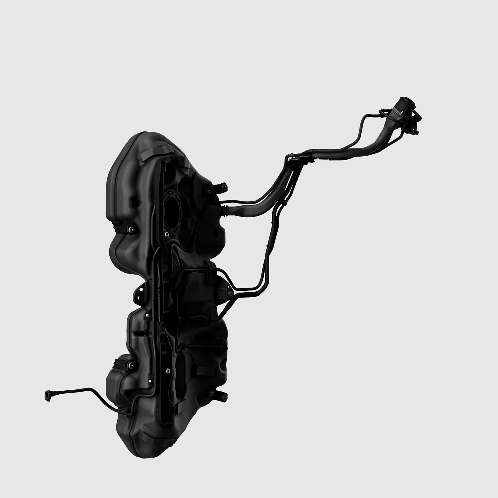 A 3D render of a TI Automotive fuel tank and fuel lines on a light grey background