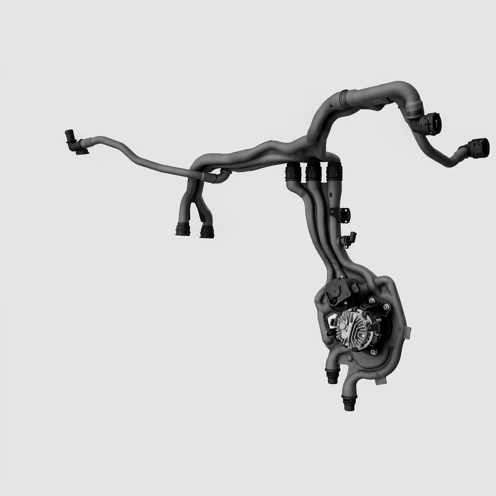 A 3D render of a TI Automotive coolant module and its branching hoses on a light grey background