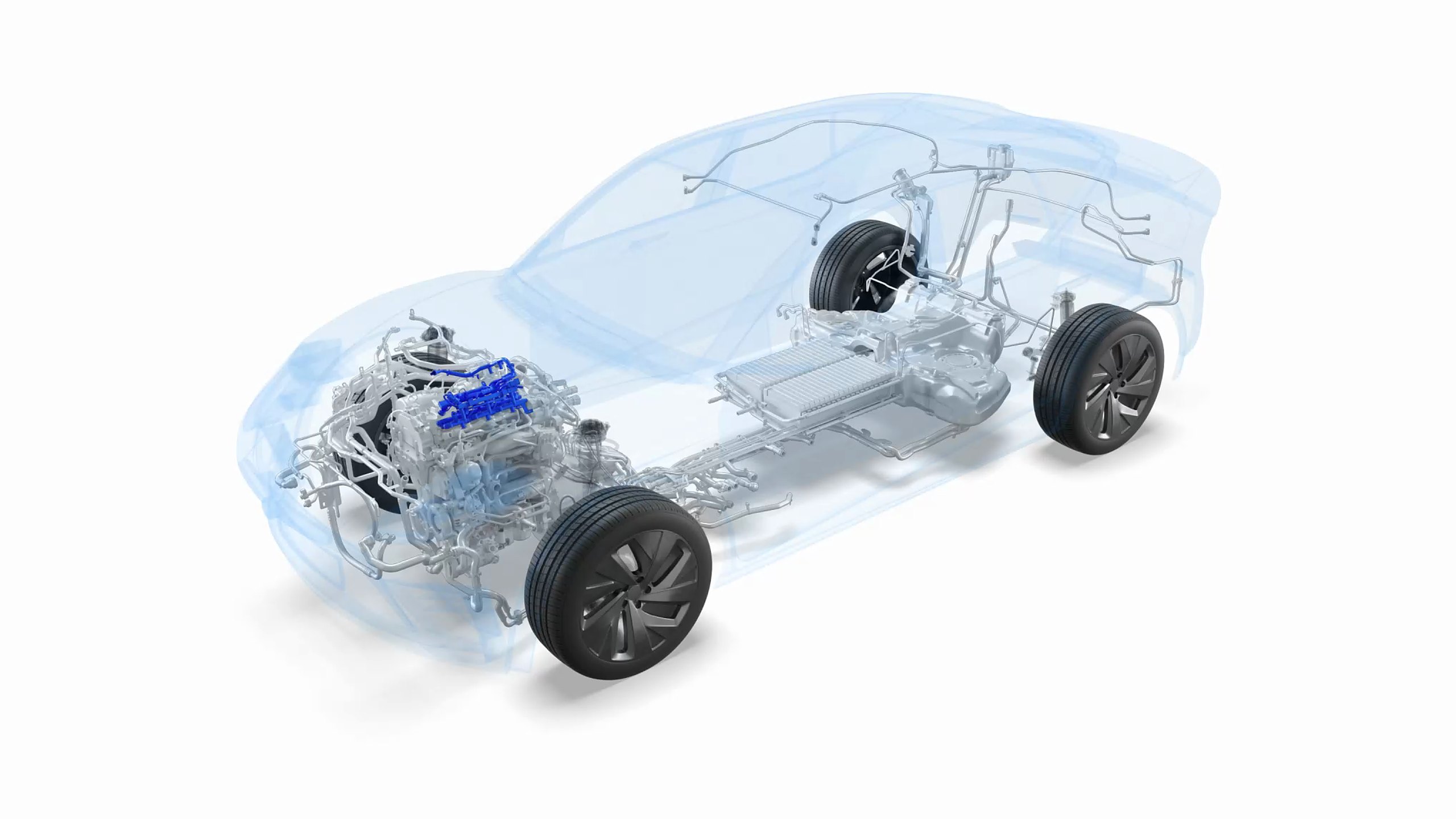 A see-through 3D ghost car in pale blue with its powertrain, battery and fluid lines visible inside, from TI Fluid Systems’ product animations