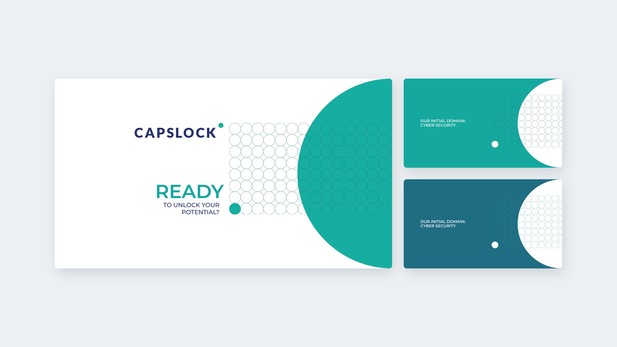 Three slides from the Capslock investor deck we restyled: the white cover with the Capslock wordmark, a circle grid, a teal half circle and the line Ready to unlock your potential?, beside two section dividers in teal and deep blue built from the same circles and half circles