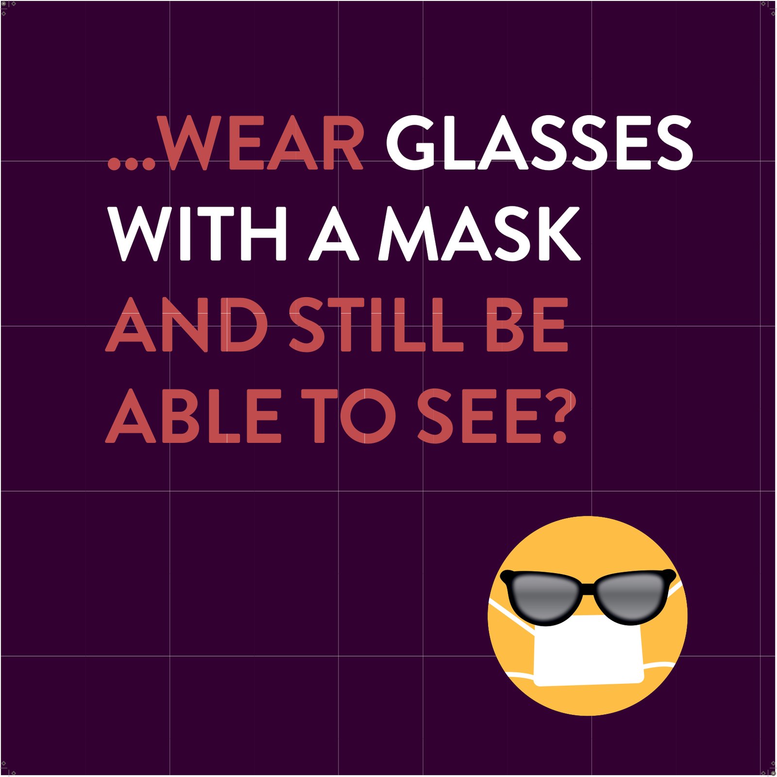 A square Alpha banner on deep purple asking …wear glasses with a mask and still be able to see?, with a sunglasses emoji wearing a face mask