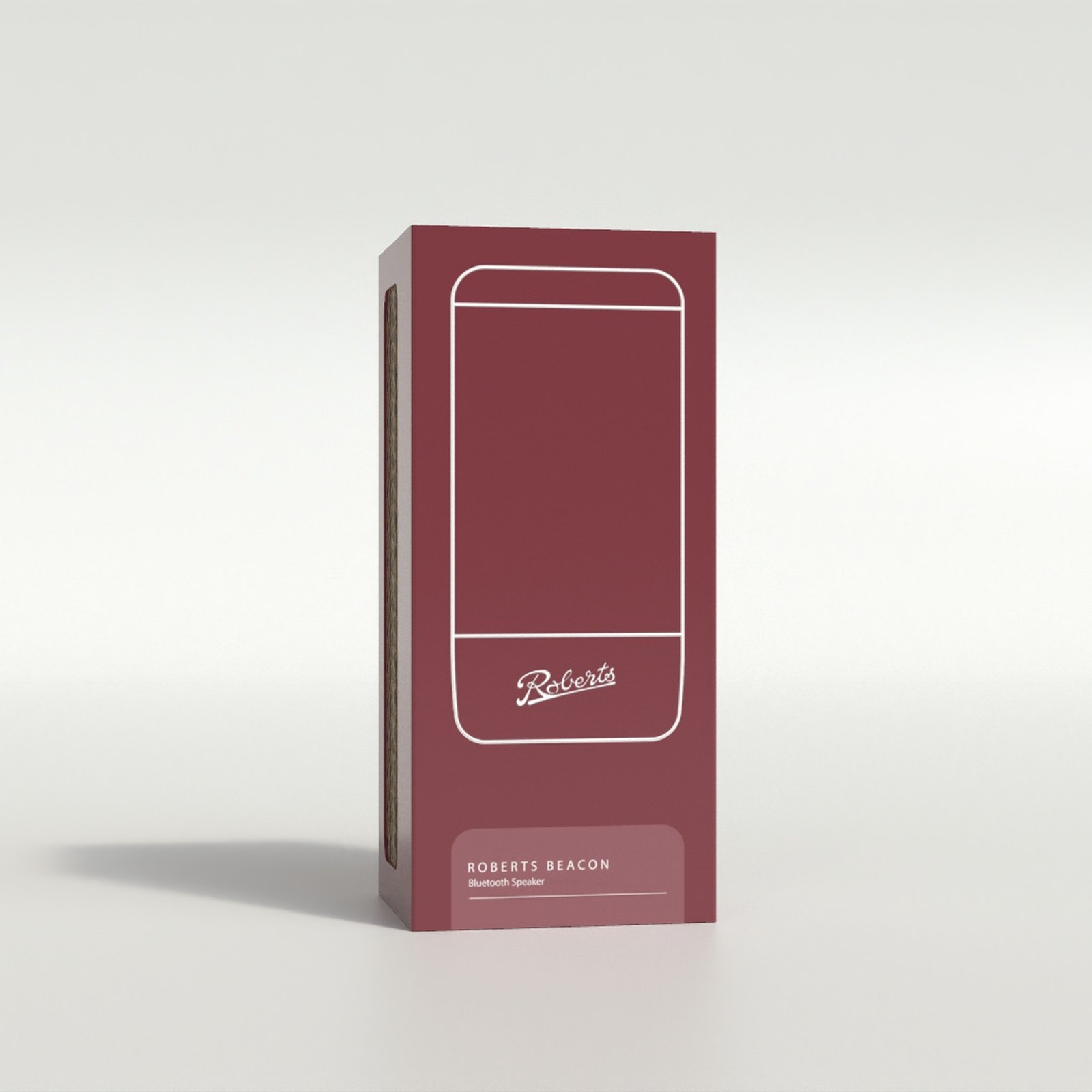 Render of a berry red Roberts Beacon box with a white line drawing of the speaker, the Roberts script and a Roberts Beacon Bluetooth Speaker label