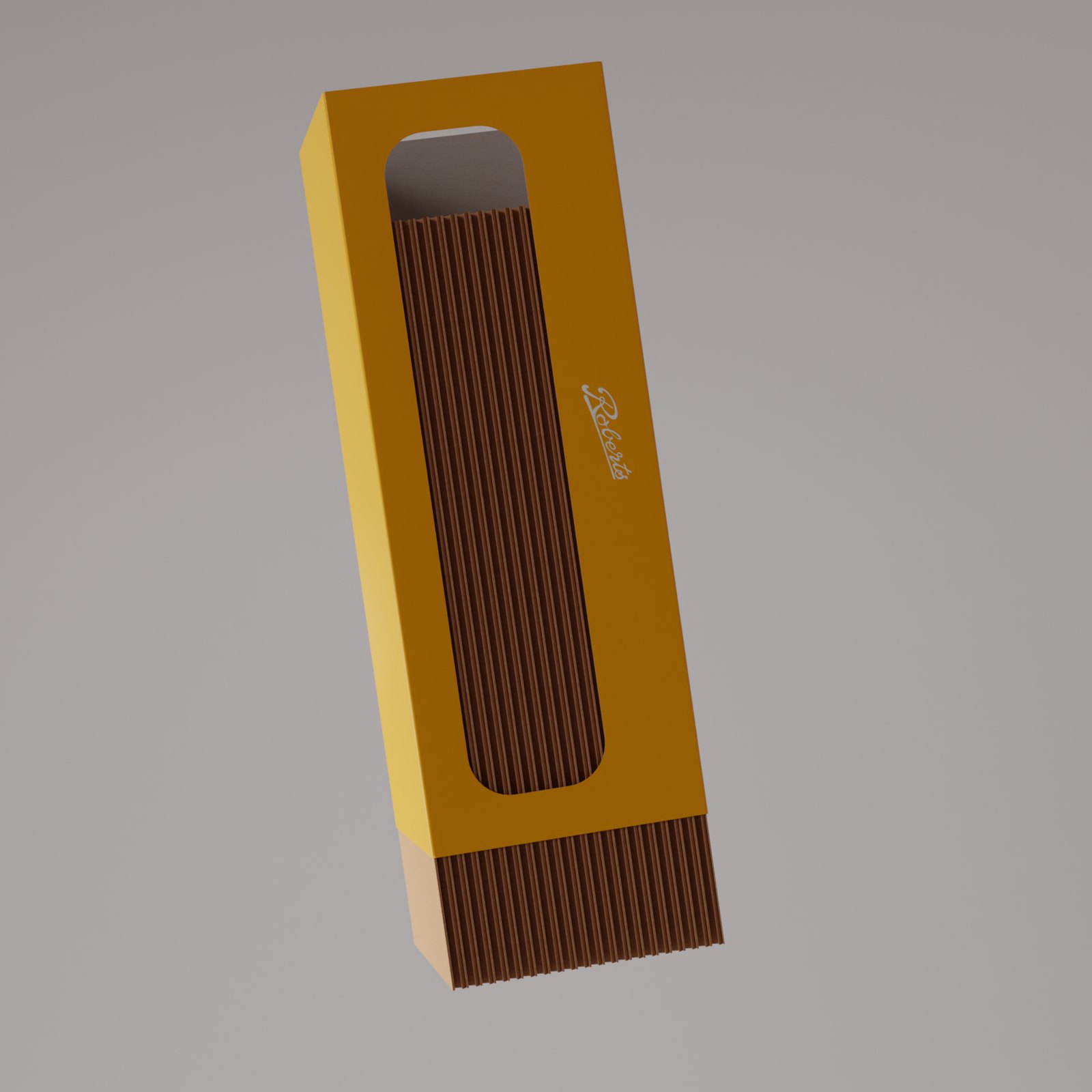 Render of the yellow Roberts Beacon sleeve floating against a grey background, its tall rounded window showing the stack of corrugated card inside and the Roberts script on the side