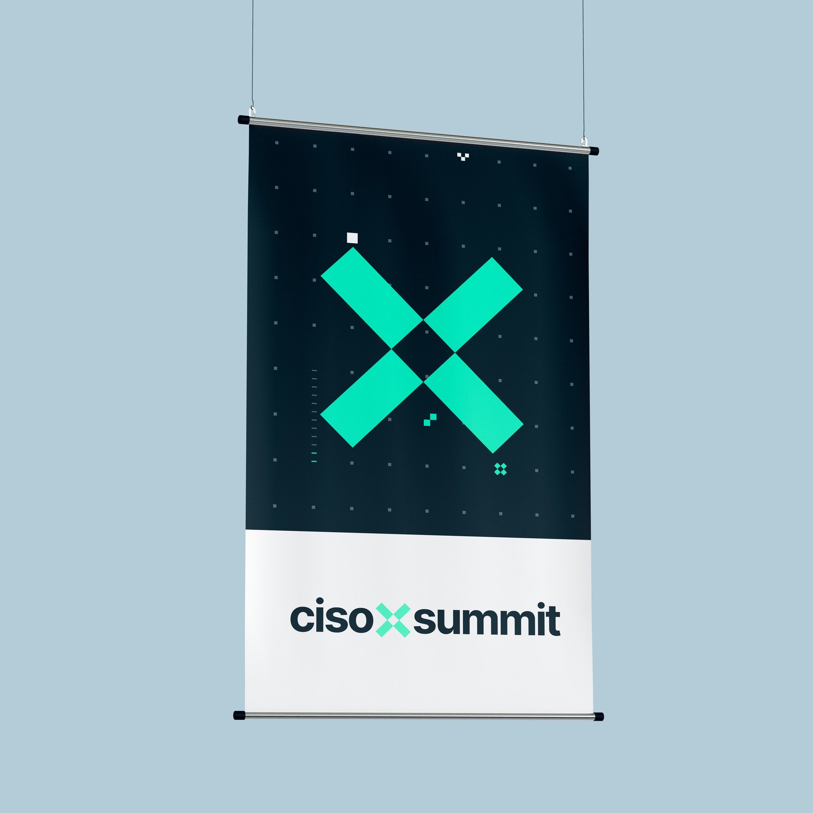 A hanging event banner for the EDS ciso X summit, with a large turquoise pixel X on a dark navy panel