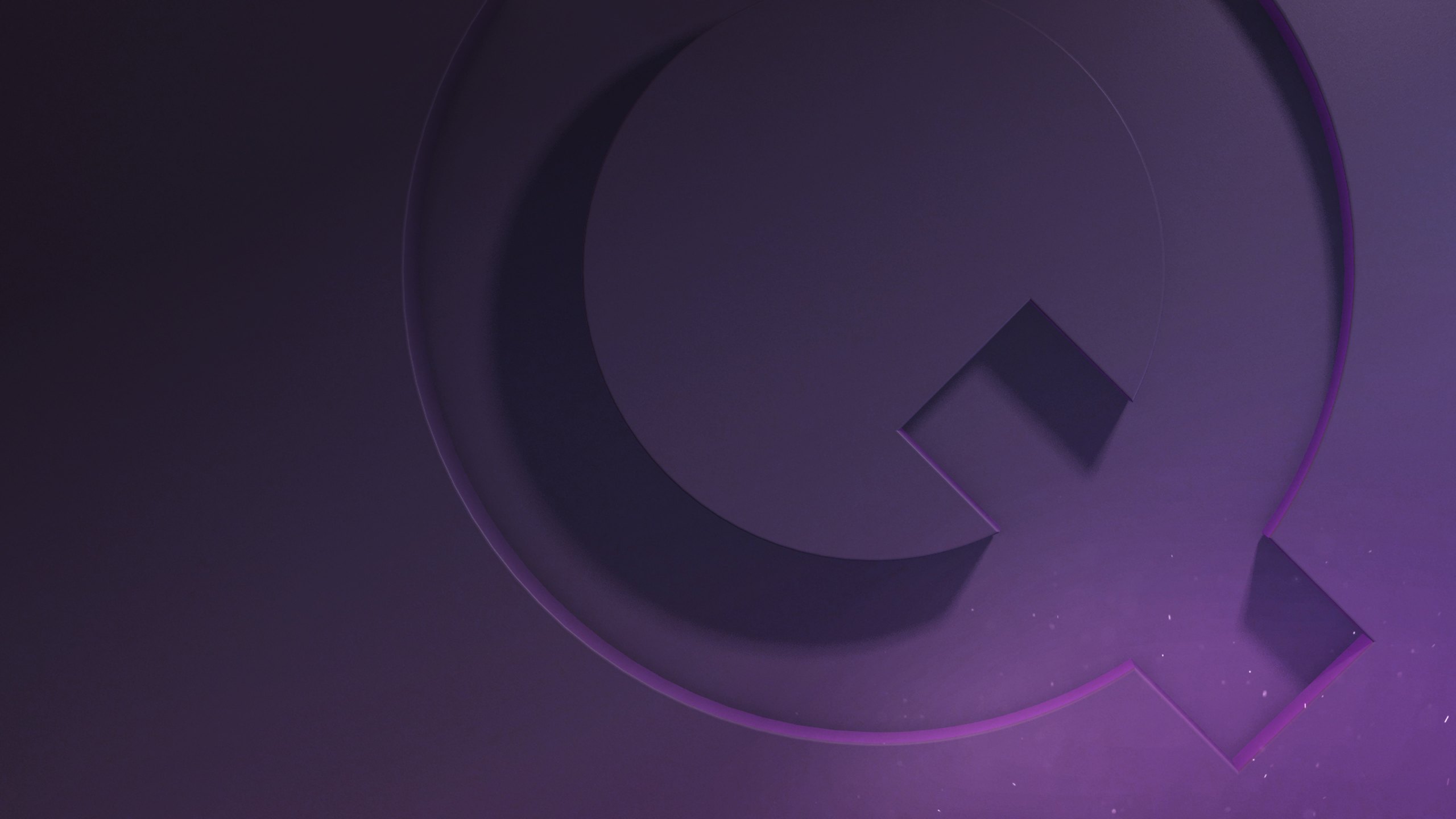 A 3D render of the Quiet Mark Q symbol carved into a deep purple surface, lit by a soft violet glow