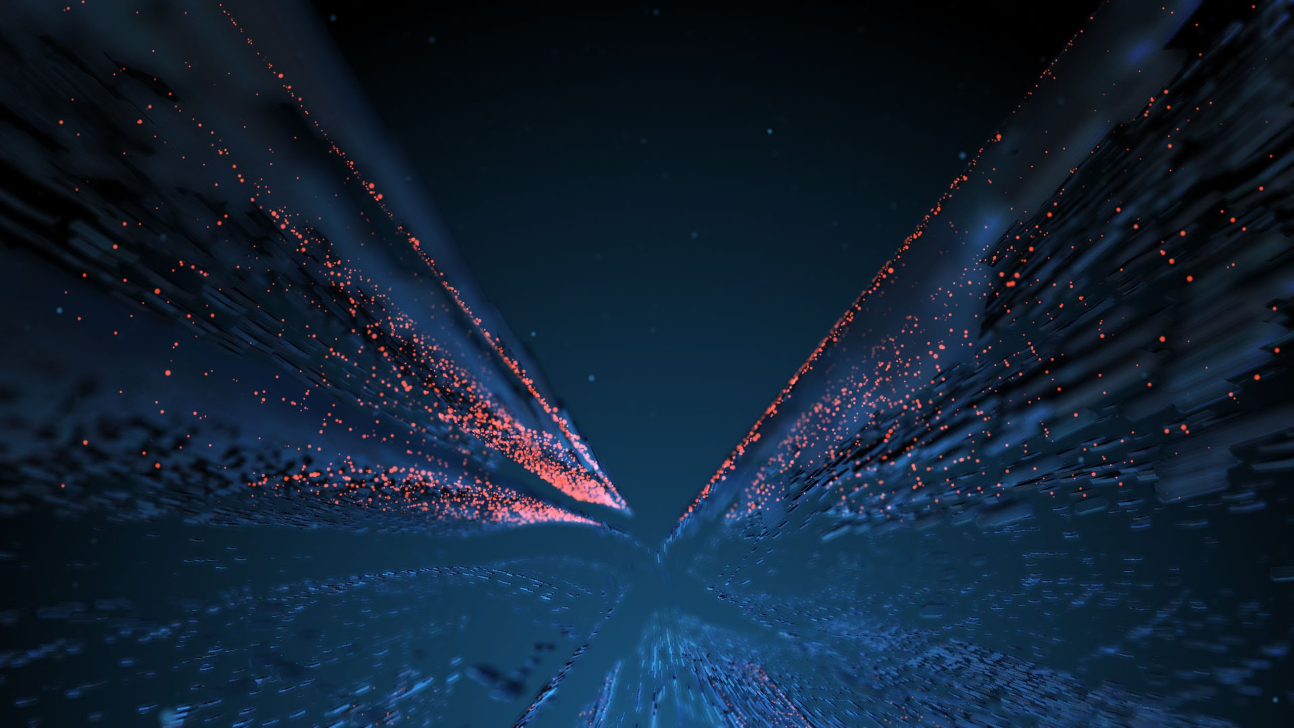 Explainer video frame of dense streams of blue and orange data particles rushing towards a single point on a dark navy background