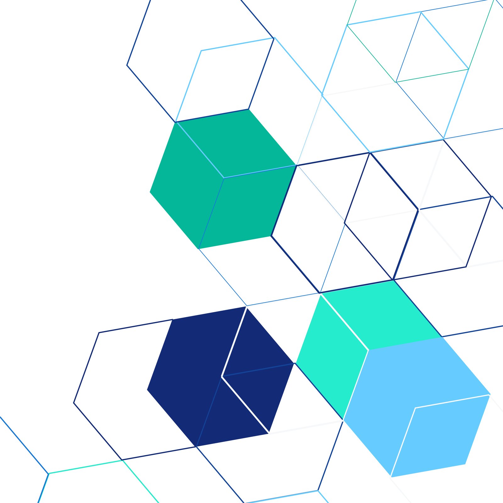 Synexus brand pattern from the guidelines: outlined hexagons stacked into cubes, a few filled in teal, turquoise, navy and light blue, on white