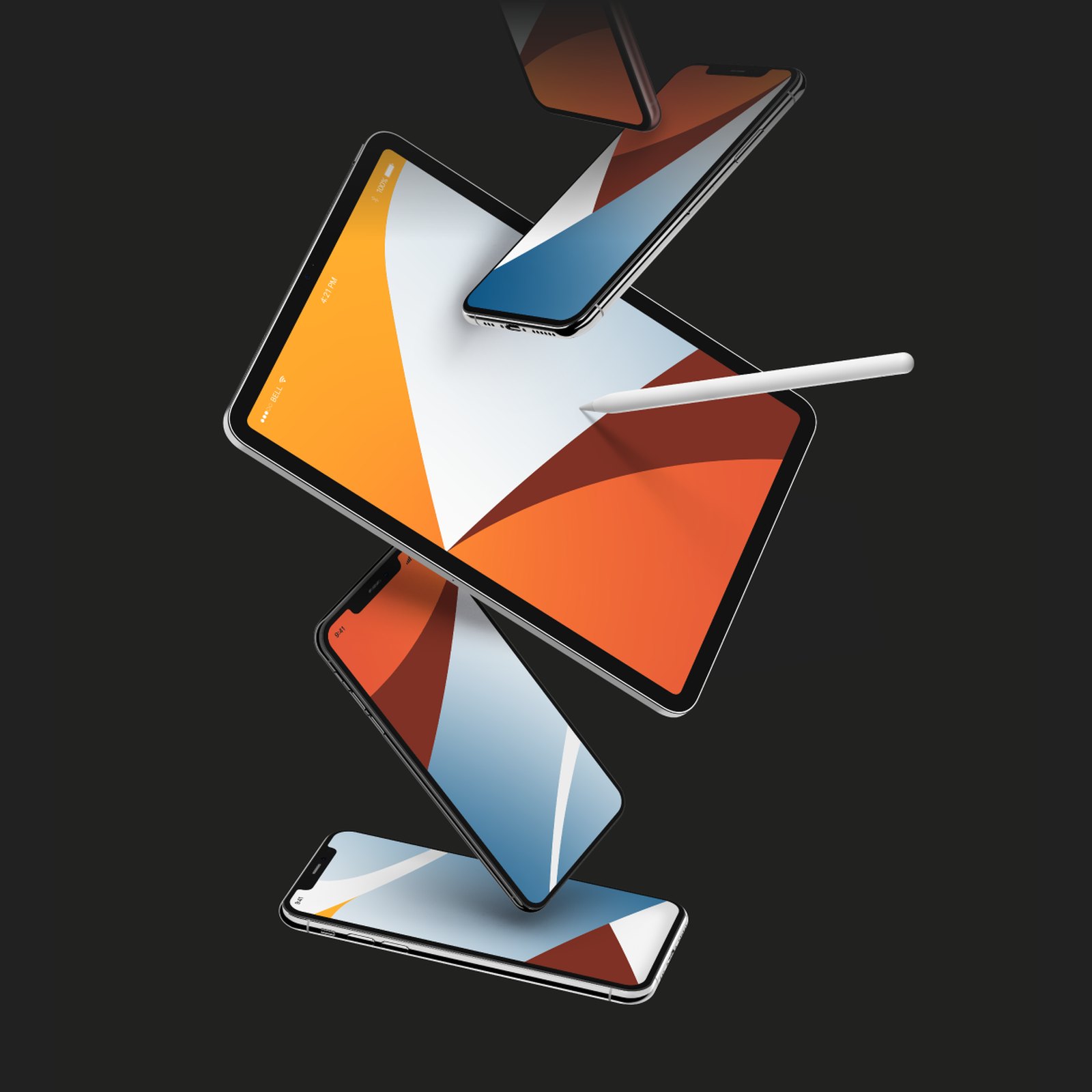 A tablet, a stylus and three phones floating on charcoal, each screen showing an HSSMI wallpaper of orange, rust and blue curves