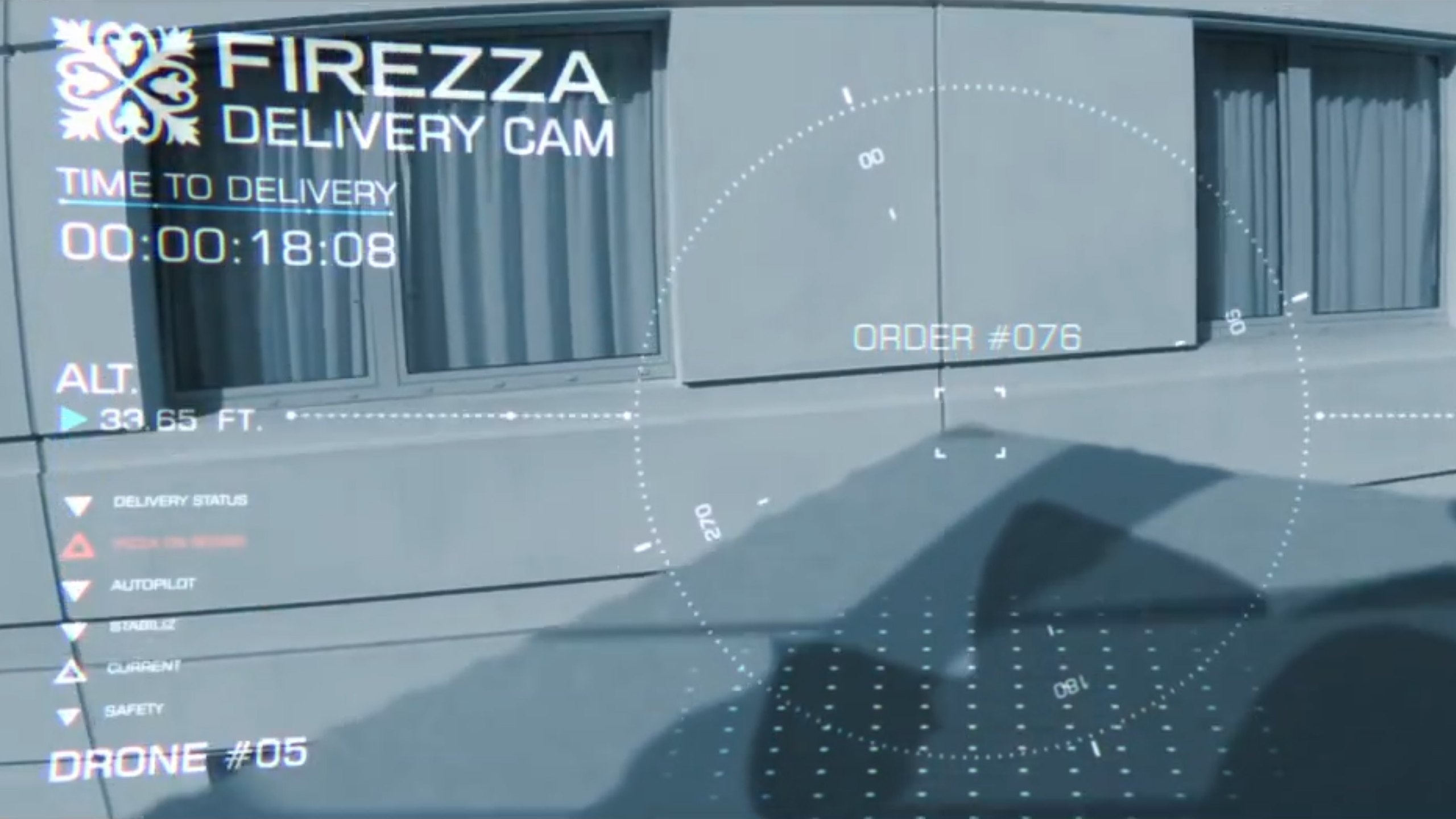 A still from the Firezza drone delivery film: a Firezza Delivery Cam heads-up display with a countdown to delivery, altitude and order number over the side of a building