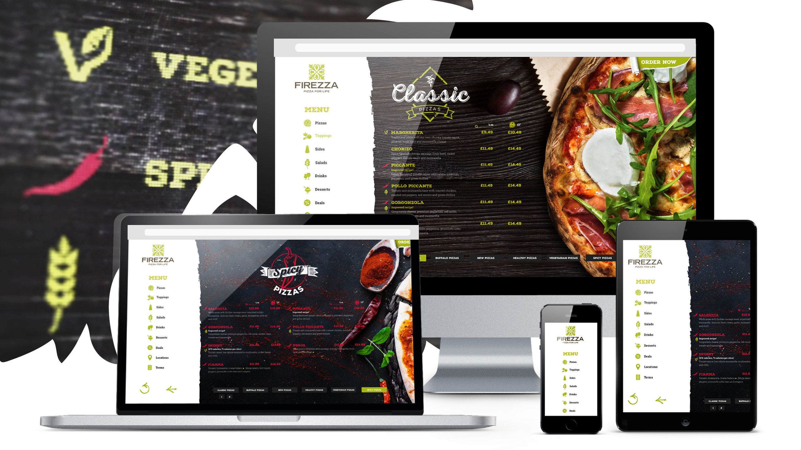 The Firezza interactive menu on desktop, laptop, tablet and phone, with Classic and Spicy pizza pages, a menu sidebar and an Order now button