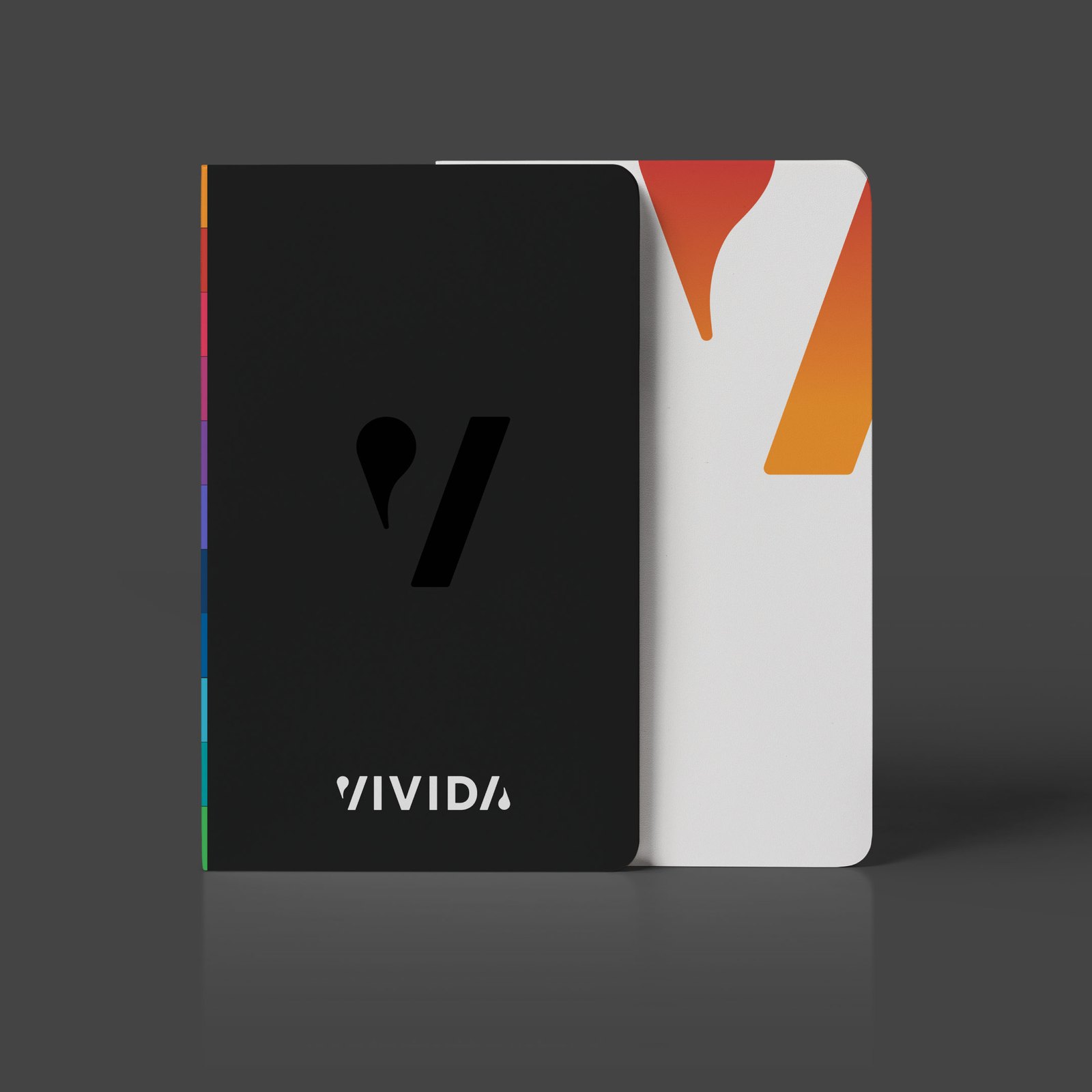Two VIVIDA brand cards: a black card with the V symbol, the wordmark and a rainbow edge of sub-brand colours, behind it a white card with an orange gradient V