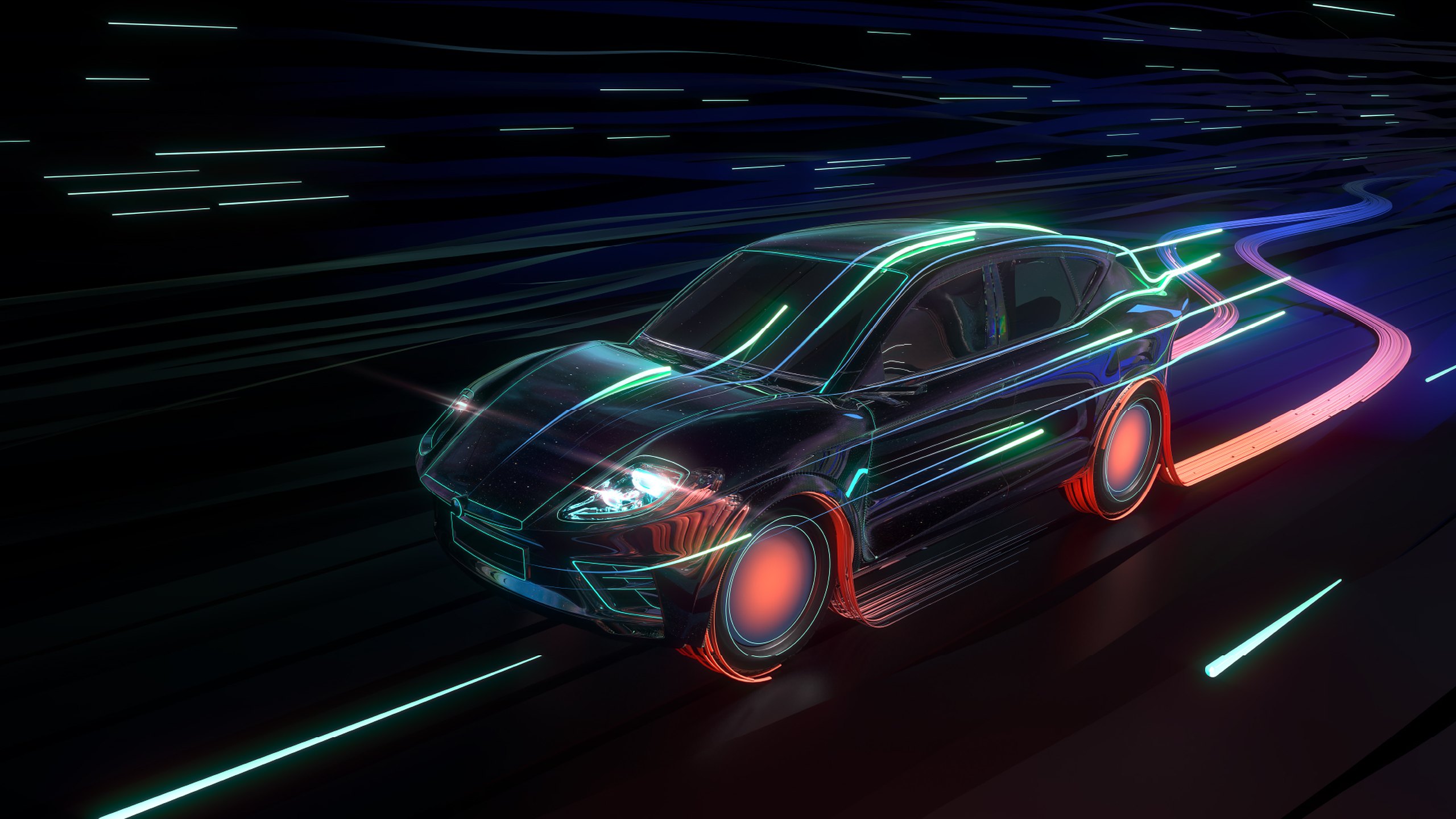 A see-through 3D ghost car traced in teal and red light, speeding through streaks of light, from Outfly’s 3D toolkit for TI Fluid Systems