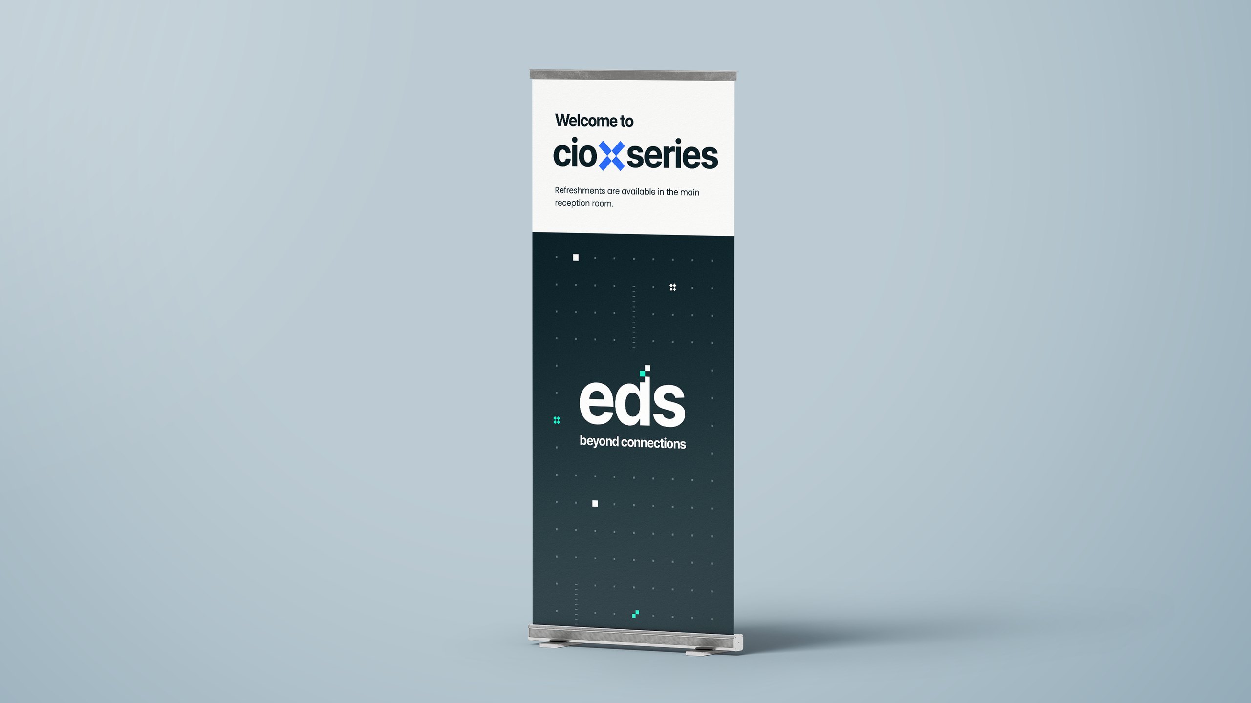 An EDS roll-up banner welcoming visitors to the cio X series, with the refined eds beyond connections logo on a dark navy dot grid