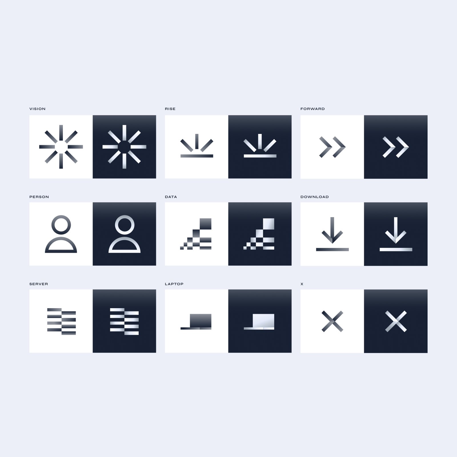 The Monolite icon set in light and dark versions, including vision, rise, forward, person, data, download, server, laptop and close icons