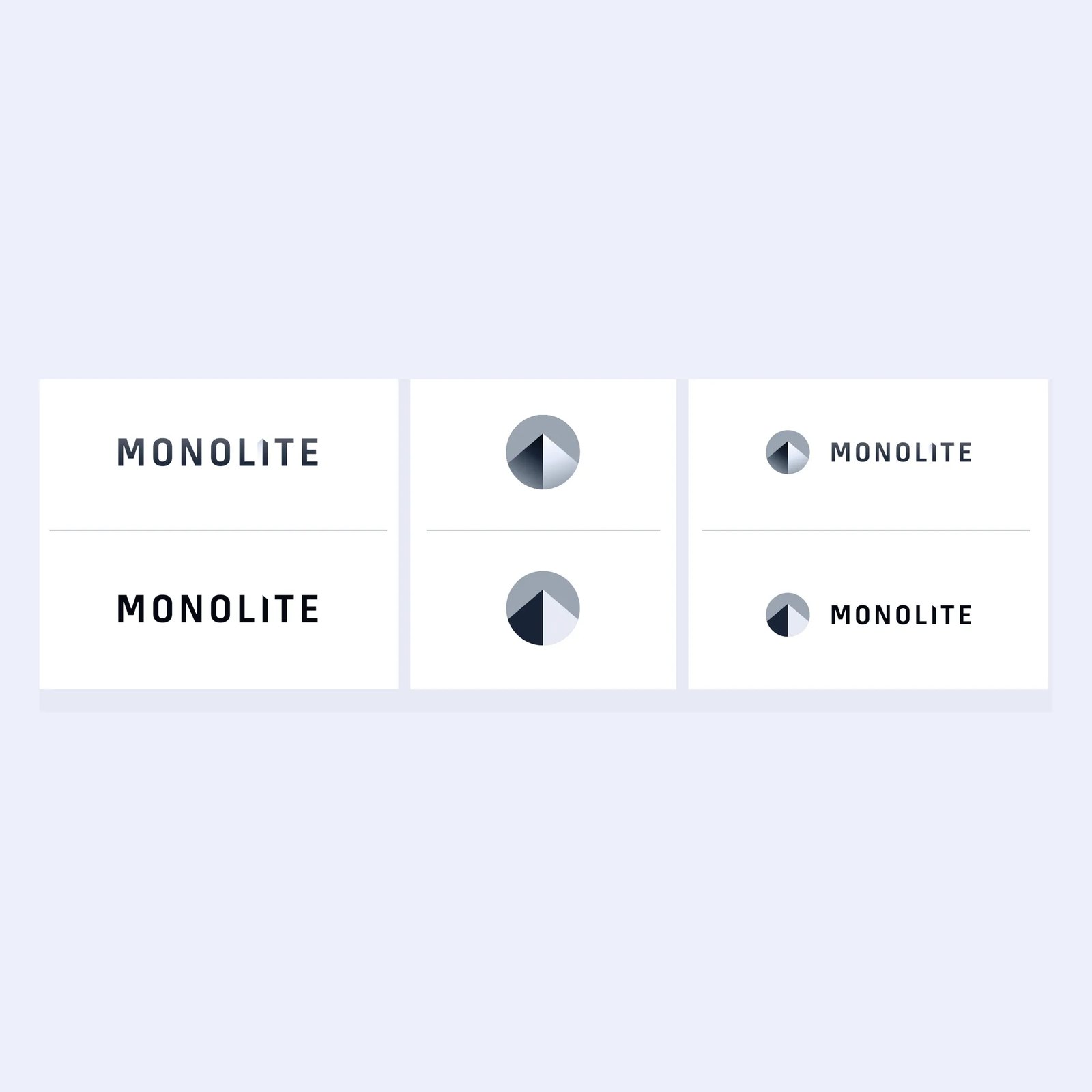 The Monolite logo suite: the wordmark, the circular icon and the combined lockup, each in gradient and mono versions
