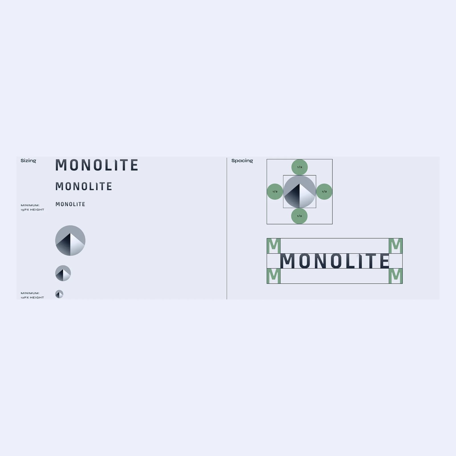 Monolite logo sizing and spacing guides, with the wordmark at three sizes and clear-space markers around the icon and wordmark