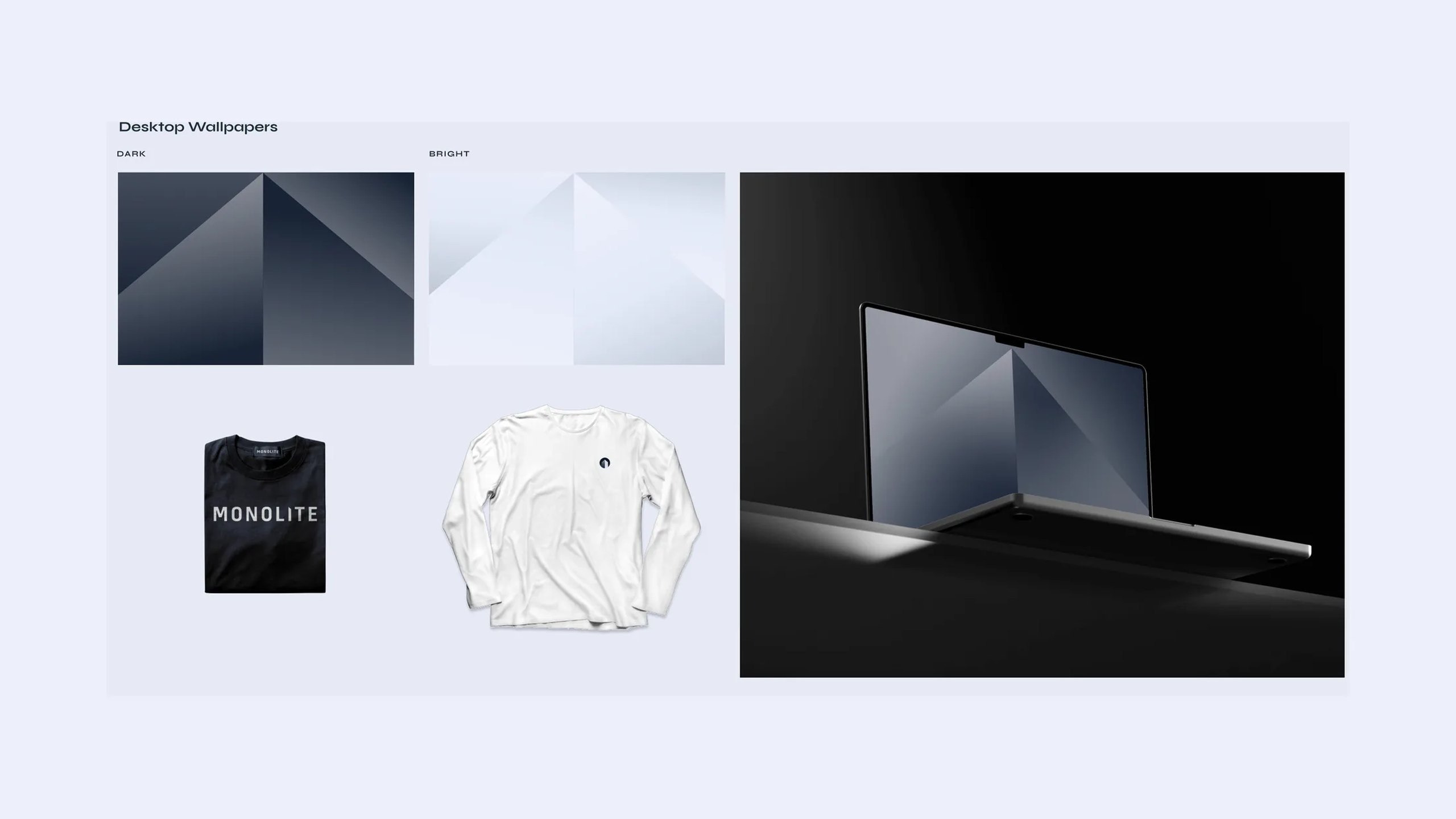 Monolite desktop wallpapers in dark and bright versions, a black MONOLITE T-shirt, a white long-sleeve top and a laptop showing the wallpaper