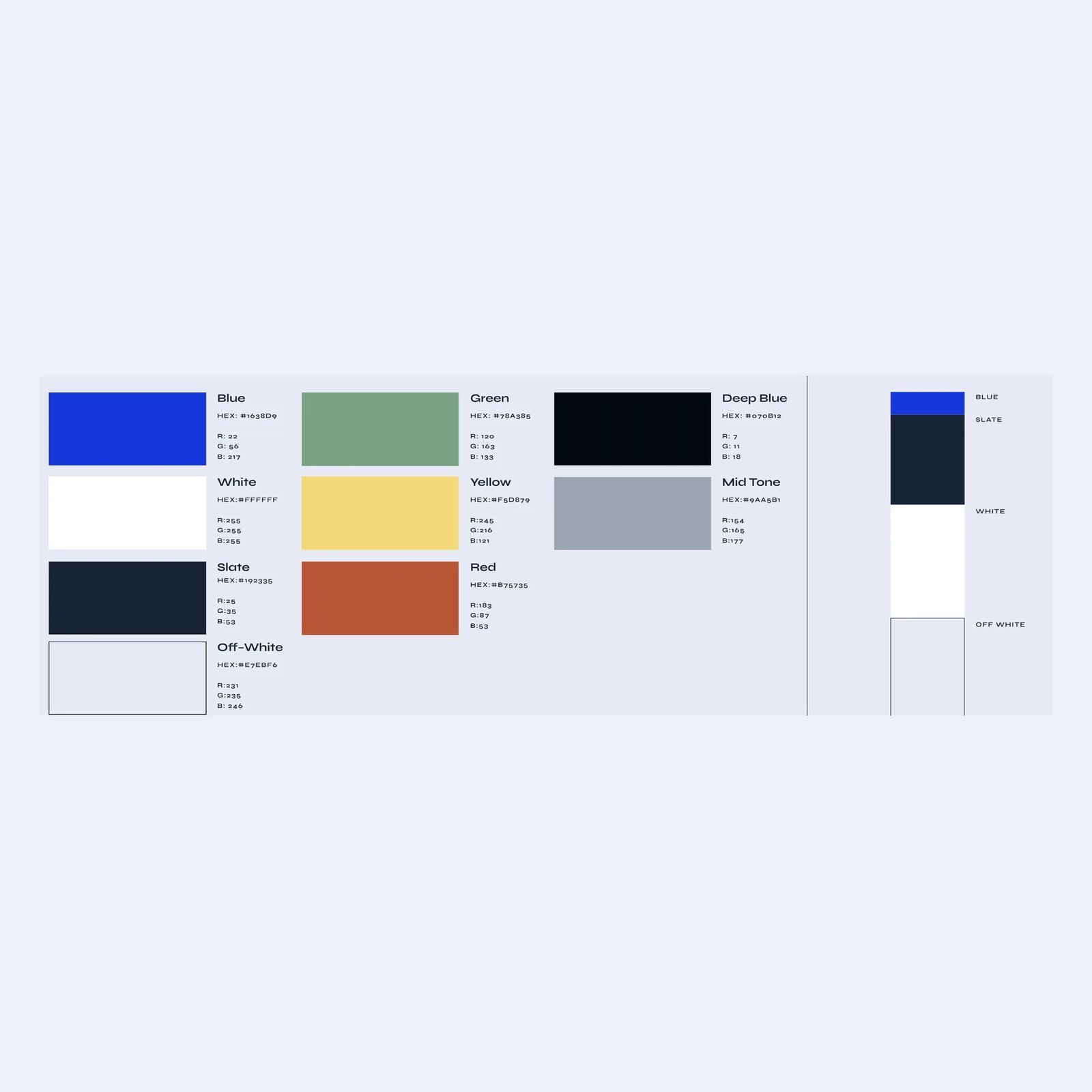 The Monolite colour palette: blue, white, slate and off-white, secondary green, yellow and red, and tertiary deep blue and mid tone