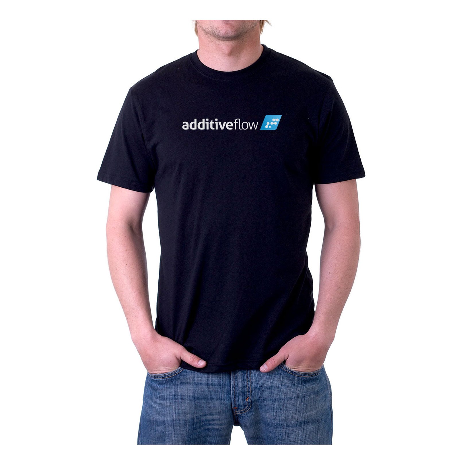 A black T-shirt printed with the additiveflow logo in white and blue
