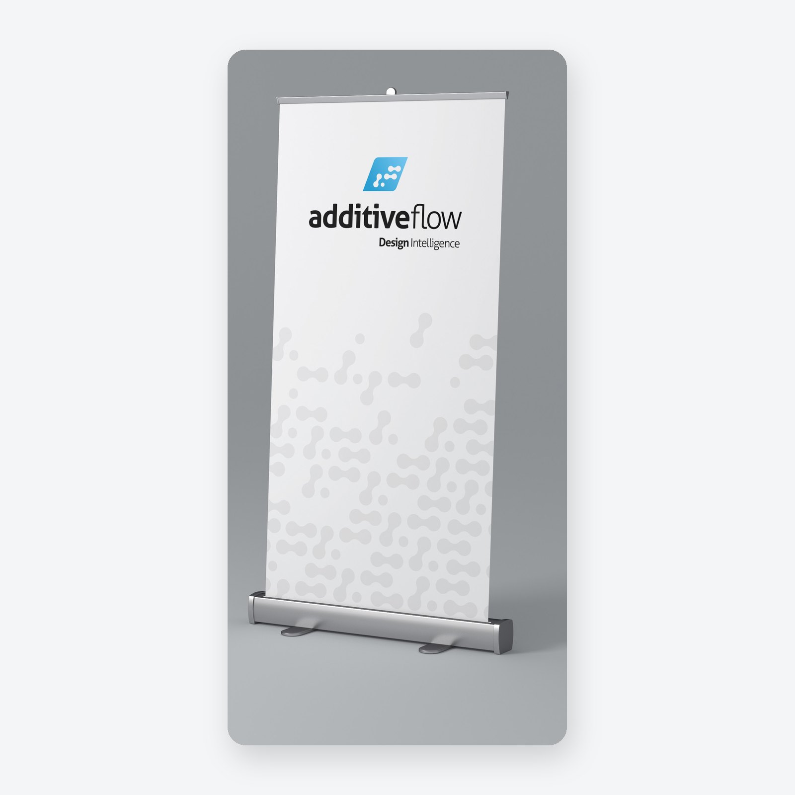 An Additive Flow roller banner with the logo, the line Design Intelligence and a grey pattern of linked dots
