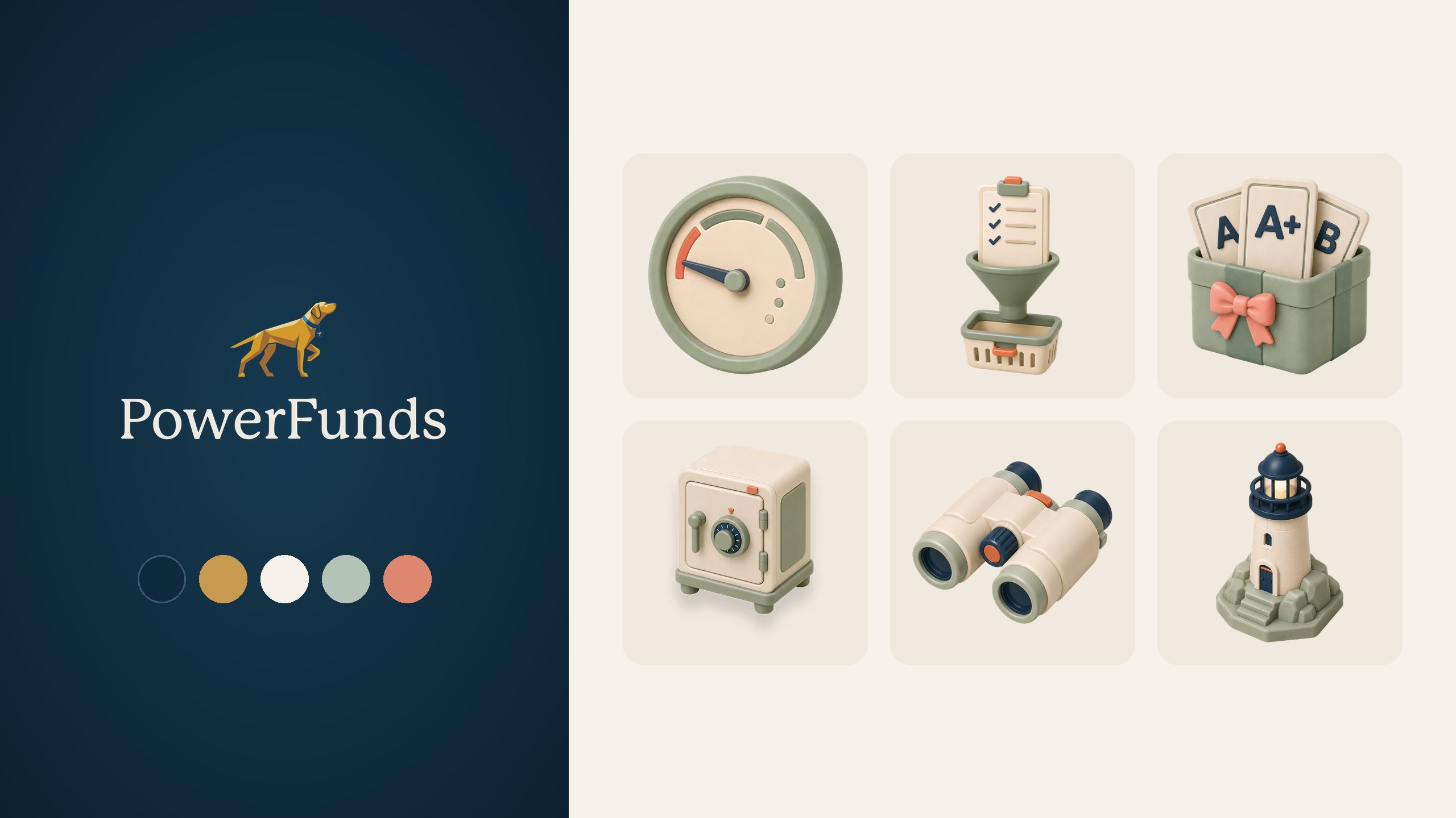 PowerFunds identity board: the gold Pointer logo and wordmark on deep navy with the navy, gold, bone, sage and coral palette, beside the brand’s 3D icon set of a rating gauge, fund filter, graded cards, safe, binoculars and lighthouse