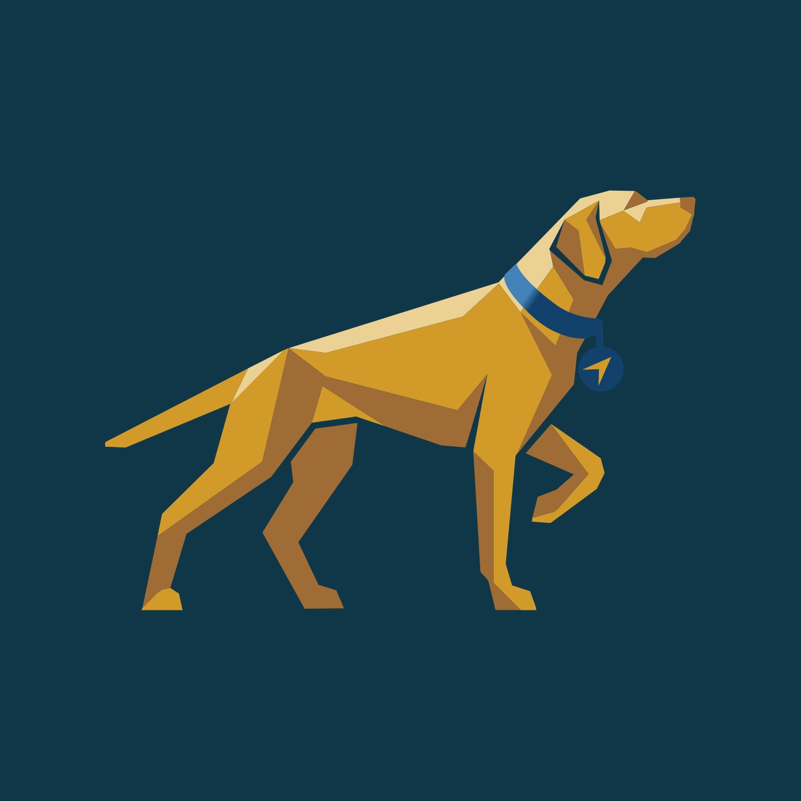 The PowerFunds Pointer, a faceted gold English Pointer mid-stride with a blue collar and compass tag, on deep navy