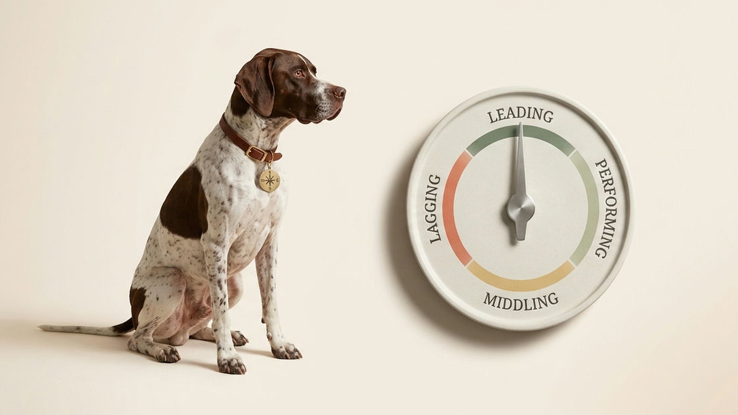 PowerFunds key visual: an English Pointer sits watching a wall dial whose needle points to Leading, with Lagging, Middling and Performing around the scale