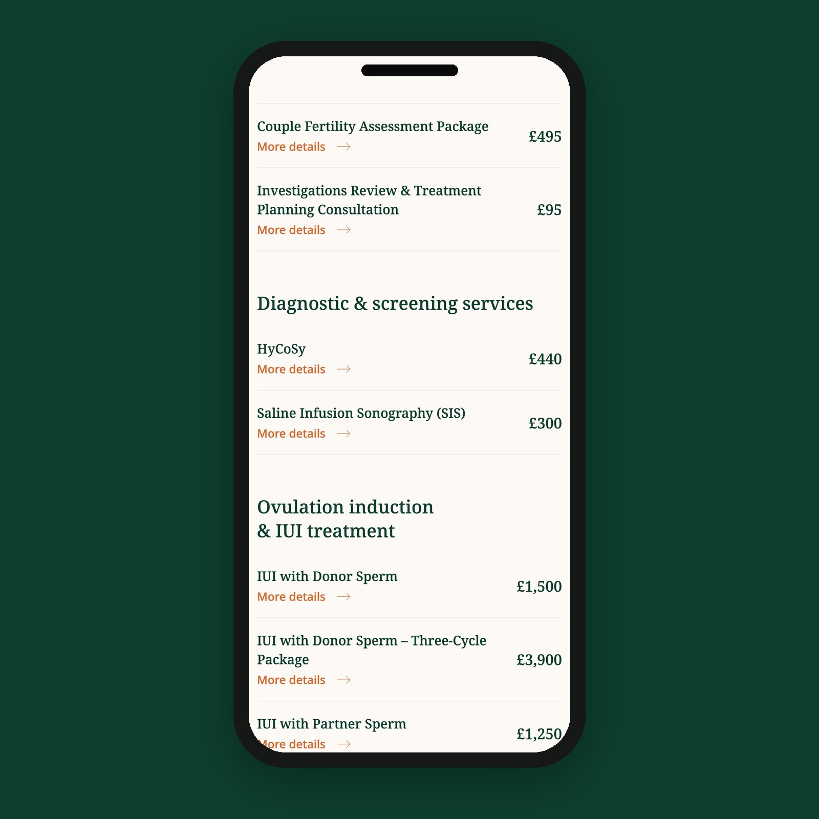 The Veya price list on a phone, with assessments, screening and IUI treatments each priced in full
