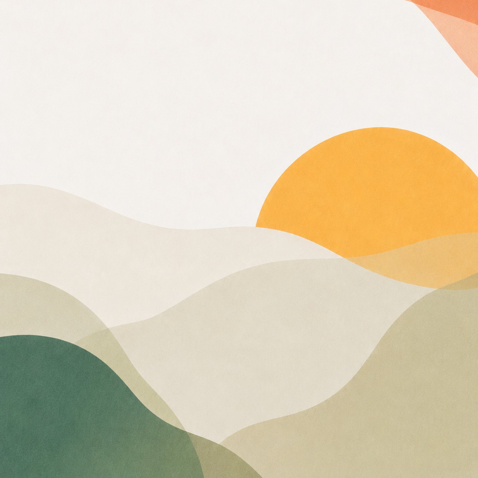 A Veya painted composition: soft layered hills in sage, cream and deep teal under a sunflower sun, from the brand’s emotional illustration style