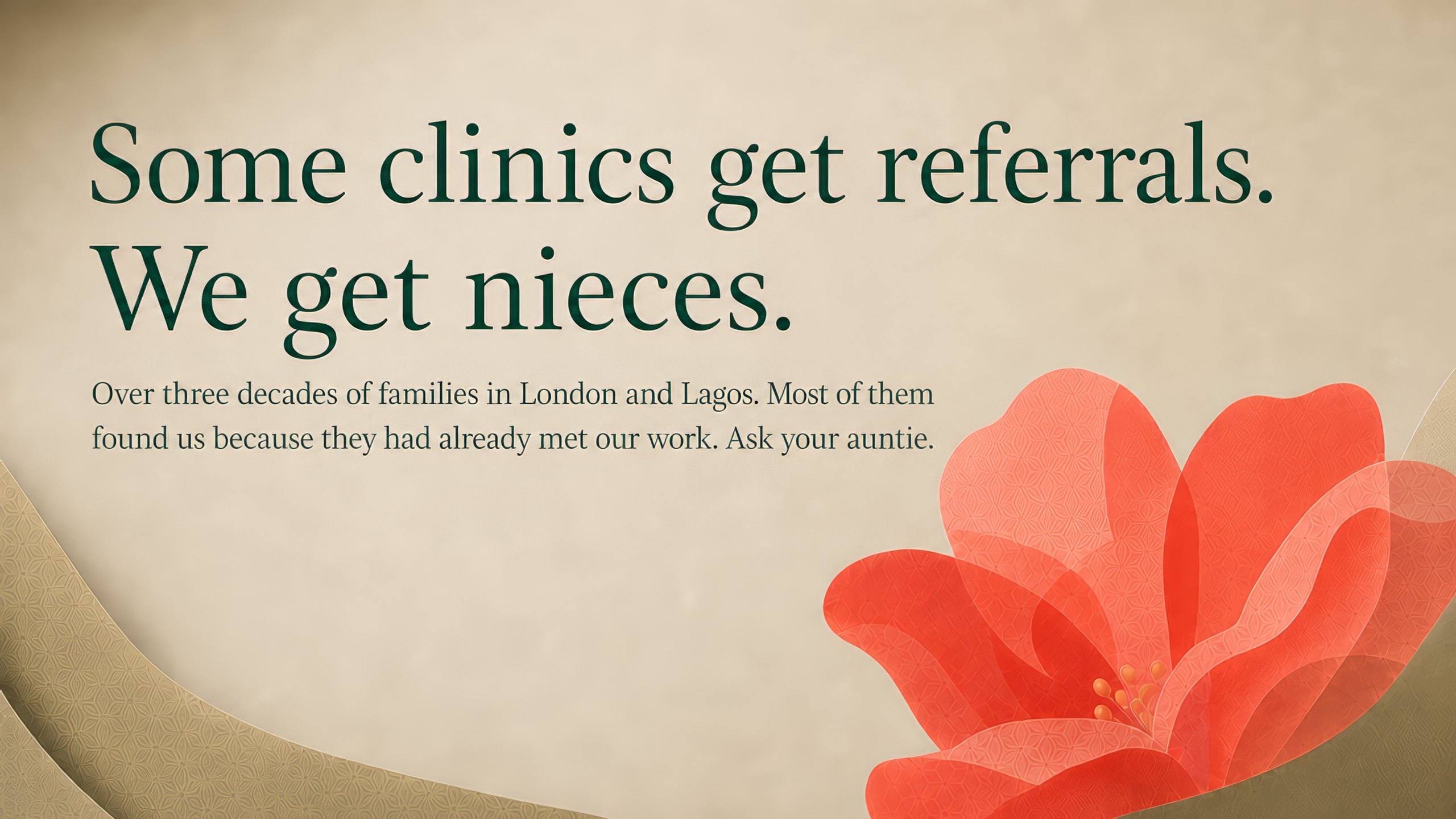Published Veya social post headed Some clinics get referrals. We get nieces, about three decades of families in London and Lagos, beside a painted coral flower