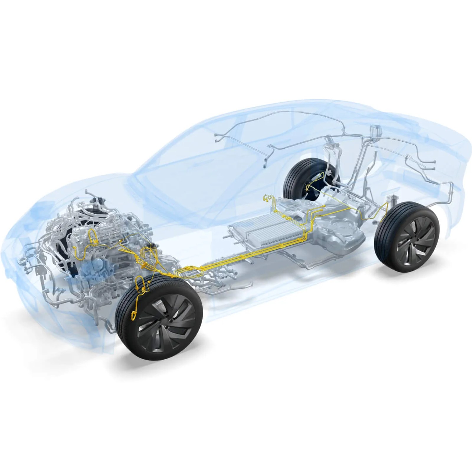 A frame from TI Fluid Systems’ product animations: a see-through ghost car on white with its brake and fuel lines highlighted in yellow