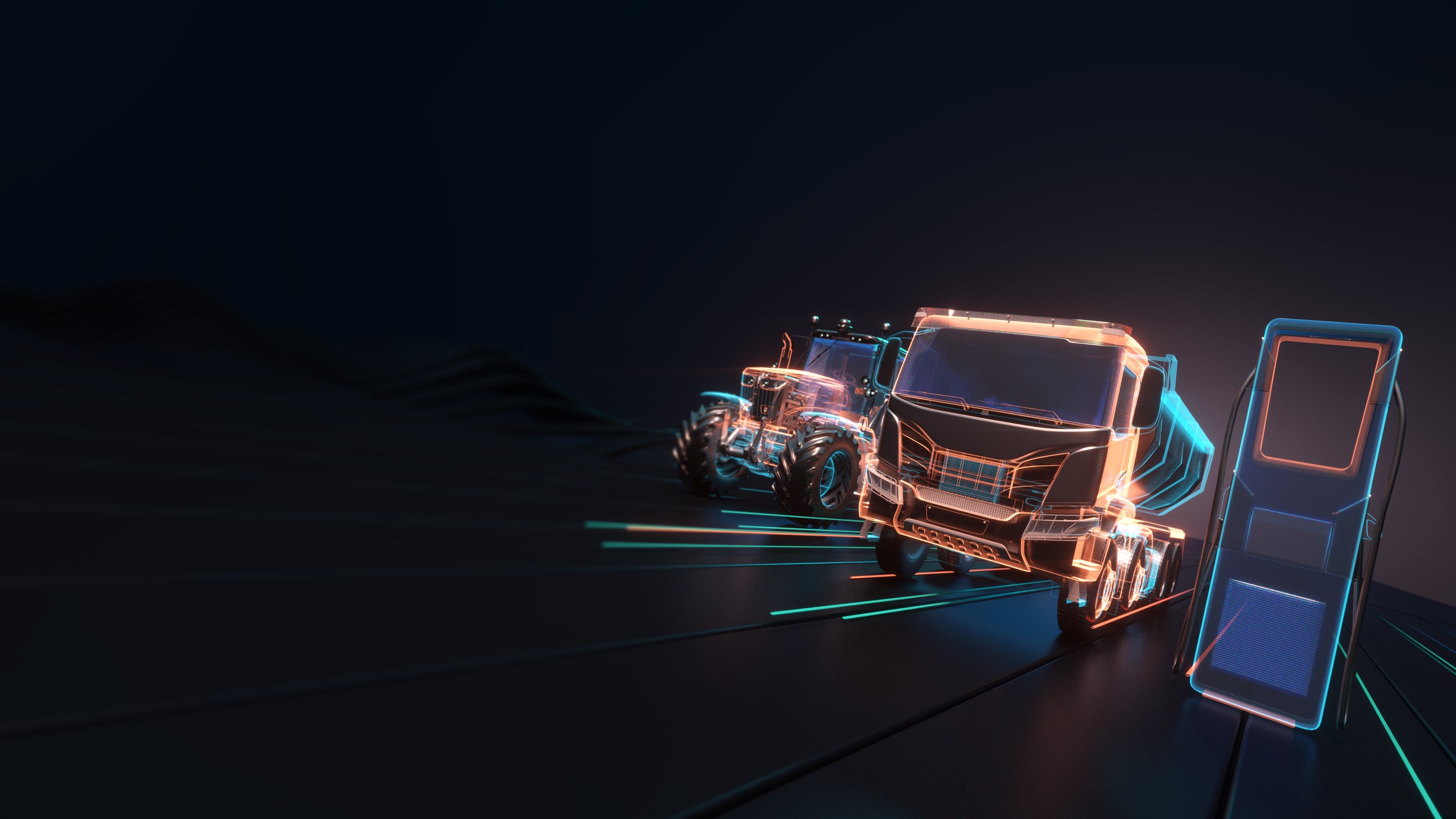 A 3D render for TI Fluid Systems’ industrial products: a truck and a tractor traced in glowing orange wireframe, driving past a charging station in the dark