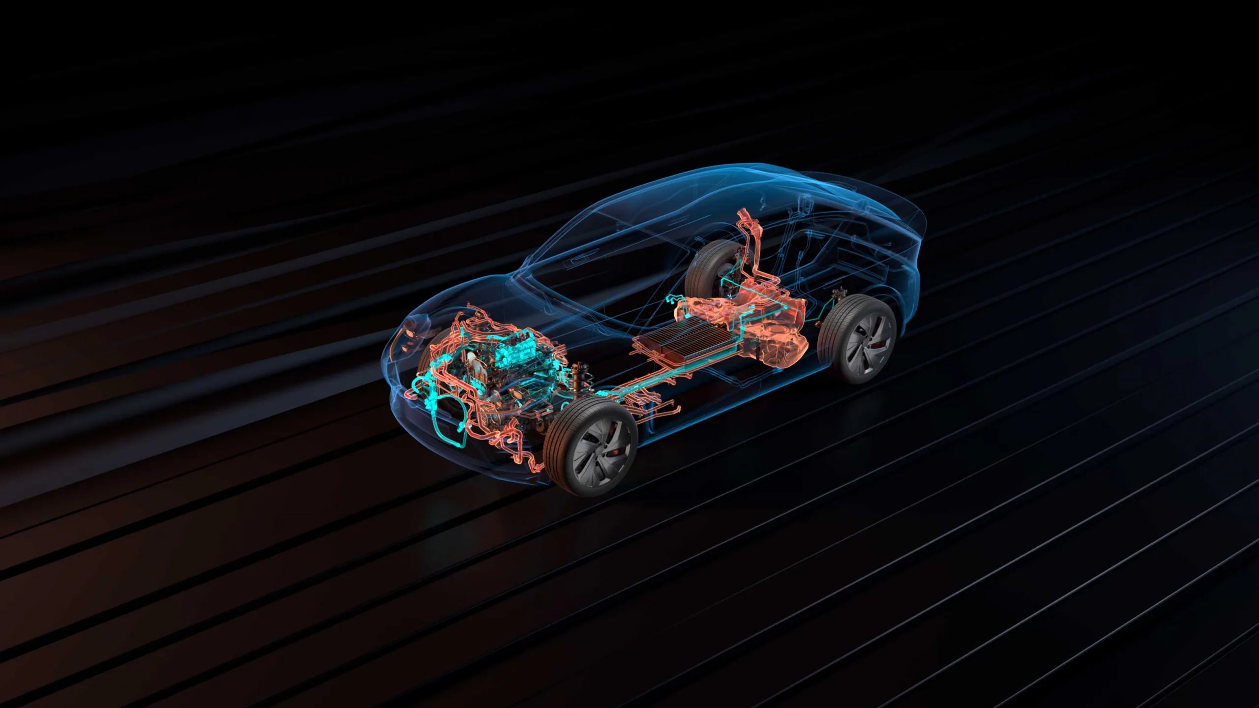 Outfly’s TI Fluid Systems ghost car: a see-through 3D car on a dark ribbed floor, with its fluid and thermal lines glowing orange and teal inside