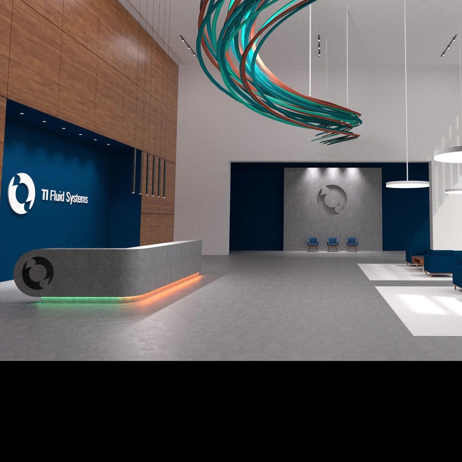 A rendered TI Fluid Systems reception with the logo on a navy wall, a lit curved desk and a sculpture of teal and copper ribbons hanging above