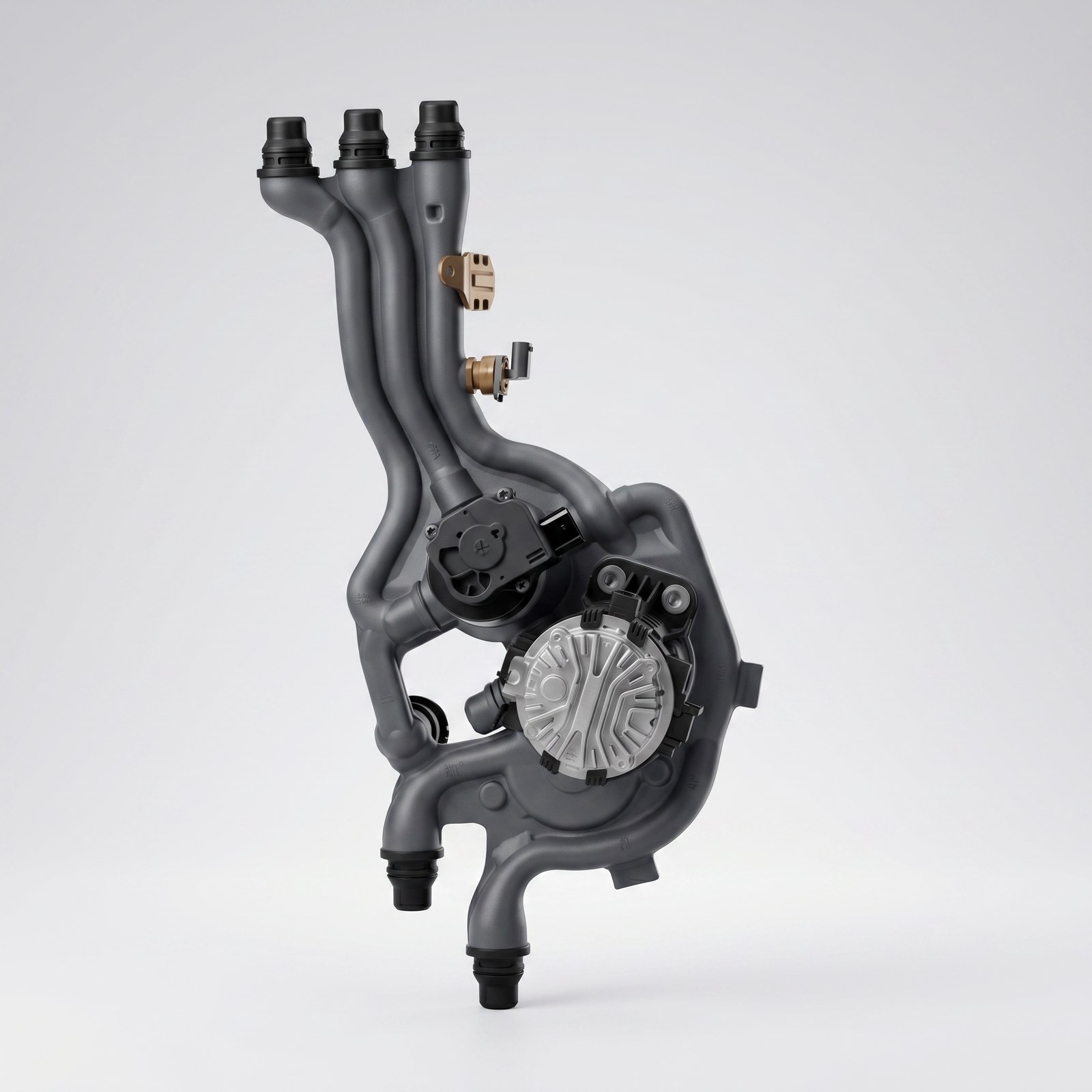 A 3D render of a TI Automotive fluid module with pump and branching pipes on a soft grey background, from the 2026 product marketing toolkit