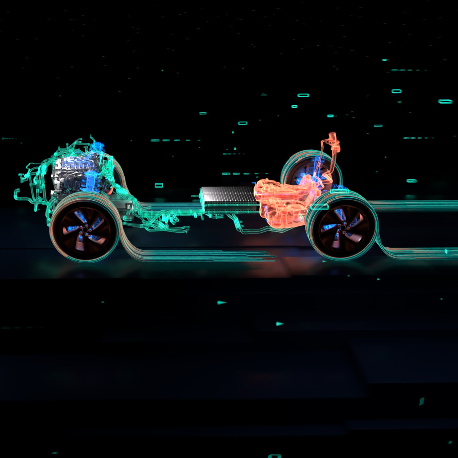 A still from TI Fluid Systems’ 2023 Capital Markets Day film: a car chassis with its fluid and thermal systems glowing teal and orange on a dark, data-lit floor