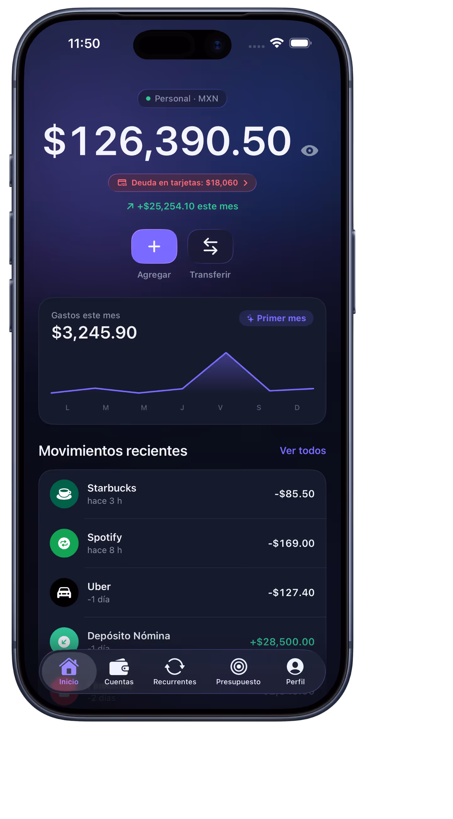 Pantalla de app Cobalto en español mostrando saldo, deuda, gastos y movimientos recientes.