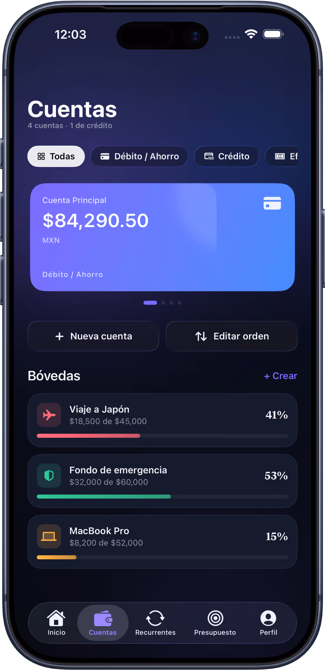 Pantalla de app Cobalto en iPhone que muestra cuentas, ahorros y progreso de metas.