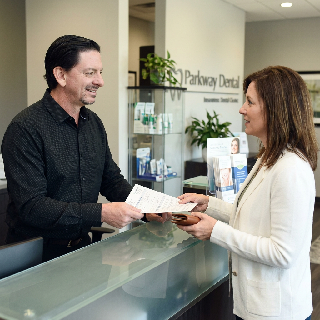 A Parkway Dental receptionist in Albuquerque hands dental insurance paperwork to a smiling patient at the front desk.
