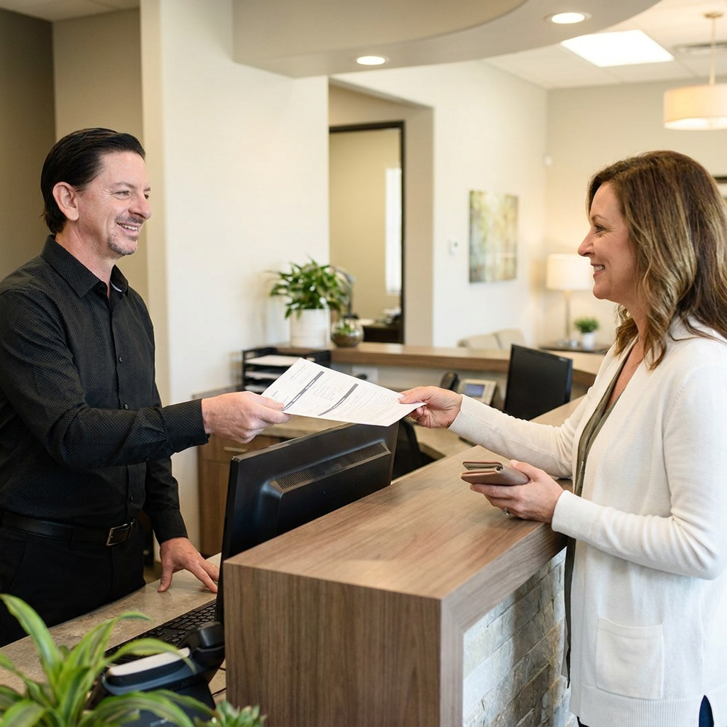 A Parkway Dental staff member smiles while handing insurance paperwork to a patient at the Albuquerque reception desk.