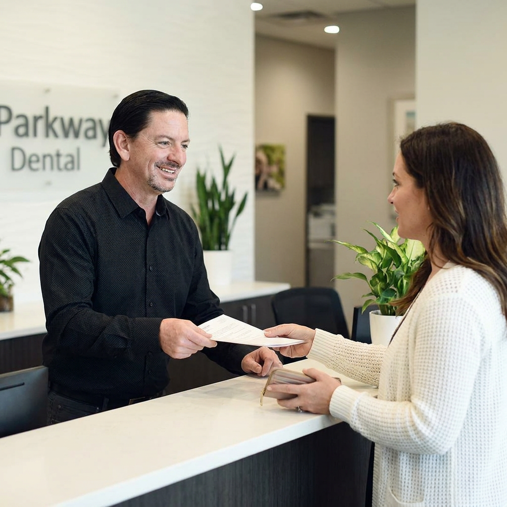 A Parkway Dental team member in Albuquerque, NM, hands insurance paperwork to a smiling patient at the reception desk.