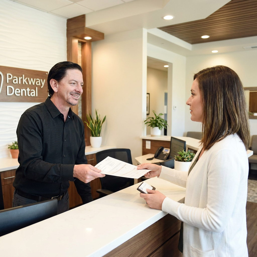 A Parkway Dental team member in Albuquerque, NM greets a patient with insurance paperwork at the front desk.