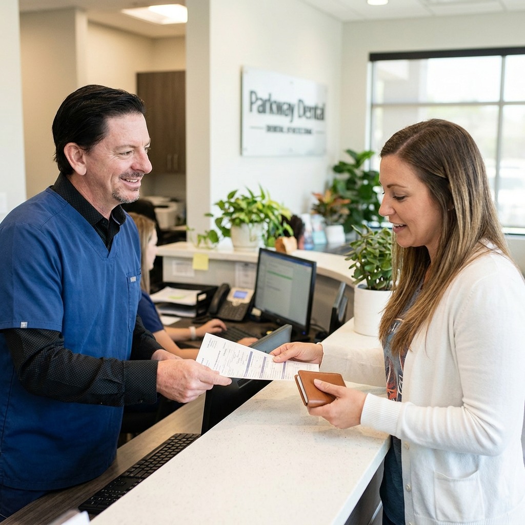 A Parkway Dental staff member smiles while handing MetLife insurance forms to a patient in Albuquerque, NM.