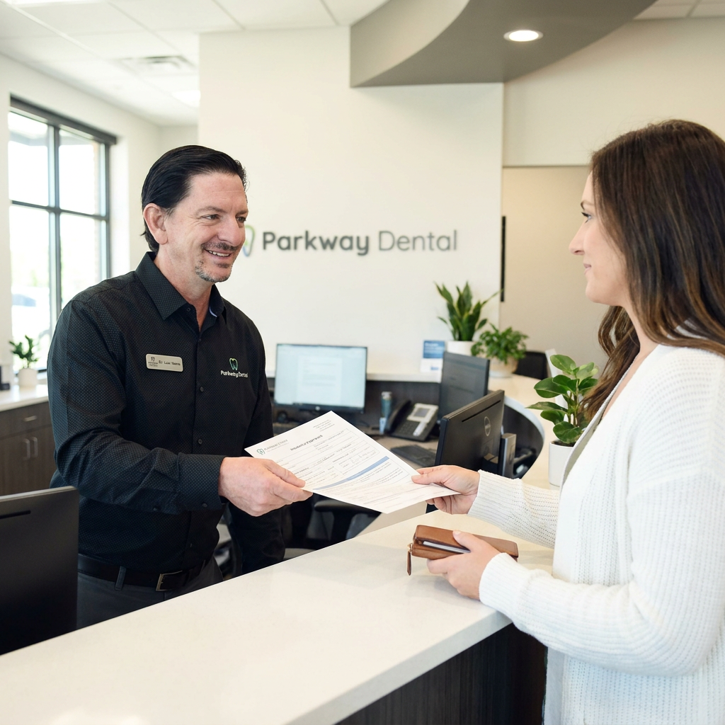 A Parkway Dental receptionist smiles while handing Aetna insurance forms to a patient in Albuquerque.